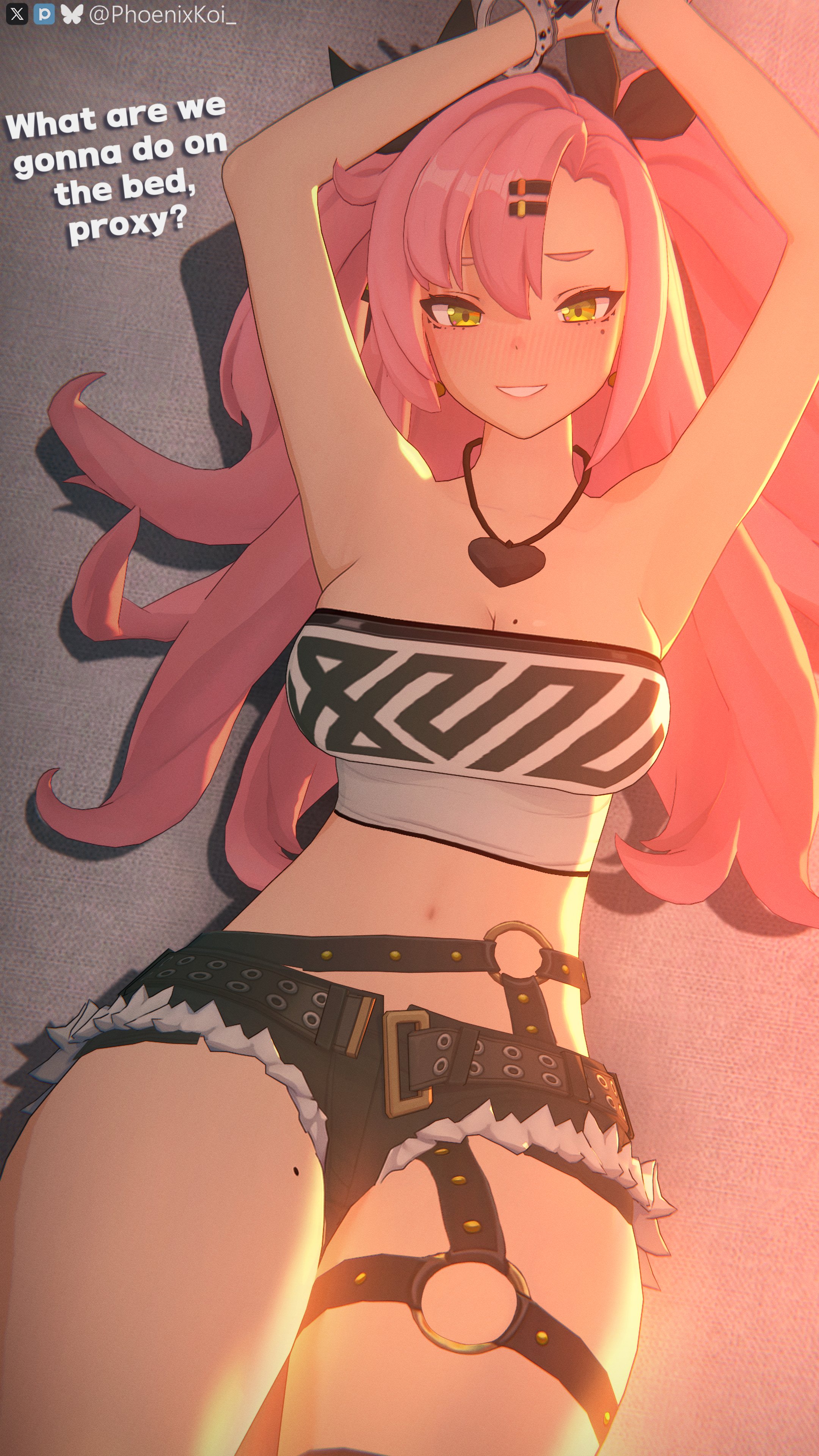 1girls, 3d, armpits, arms up, blush, booty shorts, cleavage, cuff (restraint), female, green eyes, handcuffed, imminent sex, light skin, light-skinned female, mole on breast, mole on thigh, mostly clothed, navel, necklace, nicole demara, phoenixkoi, pink hair, smile, solo, text, thighs, tubetop, whitekoi, zenless zone zero