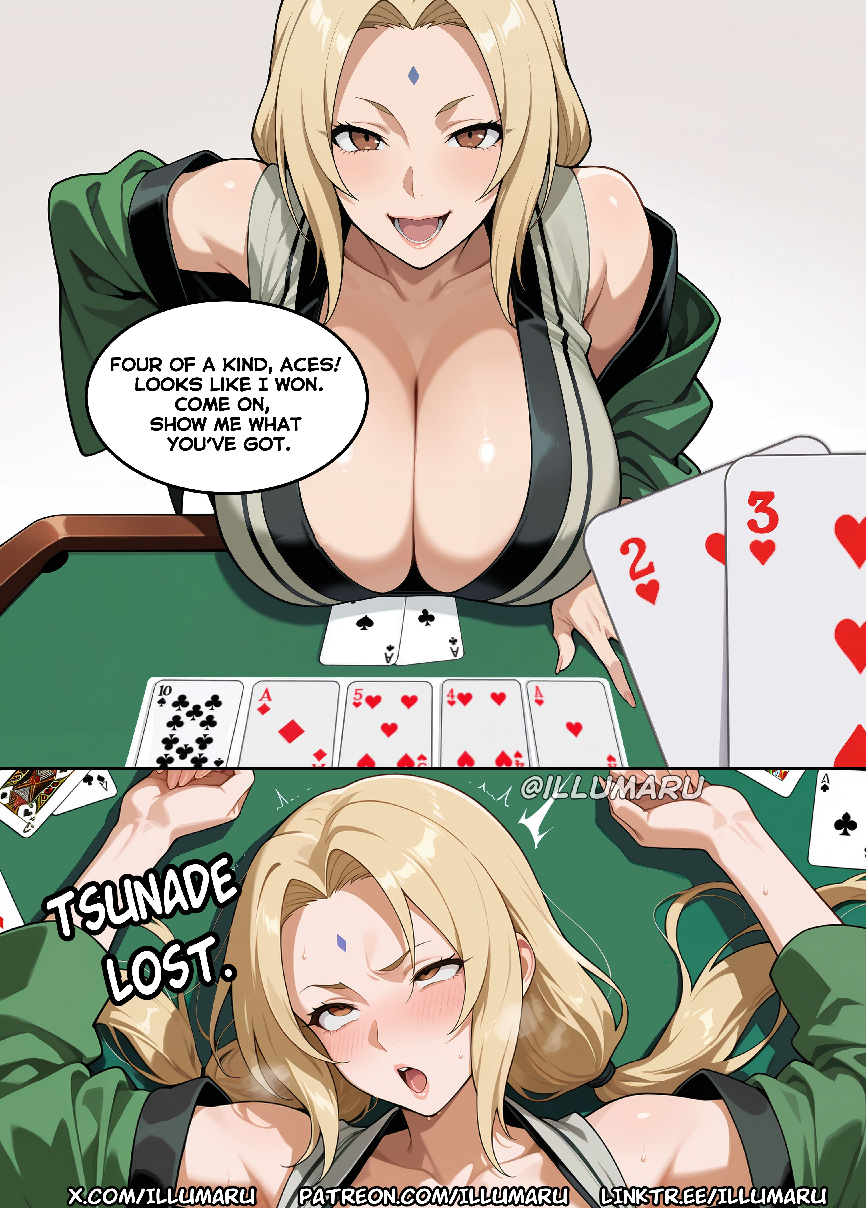 1girls, 2026, ai assisted, ai generated, big breasts, blonde hair, blush, breasts, brown eyes, busty, cards, cleavage, cleavage overflow, collarbone, detailed, english text, female, female focus, female only, front view, hi res, high resolution, illumaru, kimono, large breasts, light skin, light-skinned female, lipstick, long hair, looking at viewer, loser, mature, mature female, milf, moaning, nail polish, naruto, naruto (classic), naruto (series), naruto shippuden, naruto: the last, naughty face, patreon username, poker, poker cards, presenting, presenting breasts, smile, stable diffusion, strip poker, tsunade, uncensored, upper body, voluptuous, watermark
