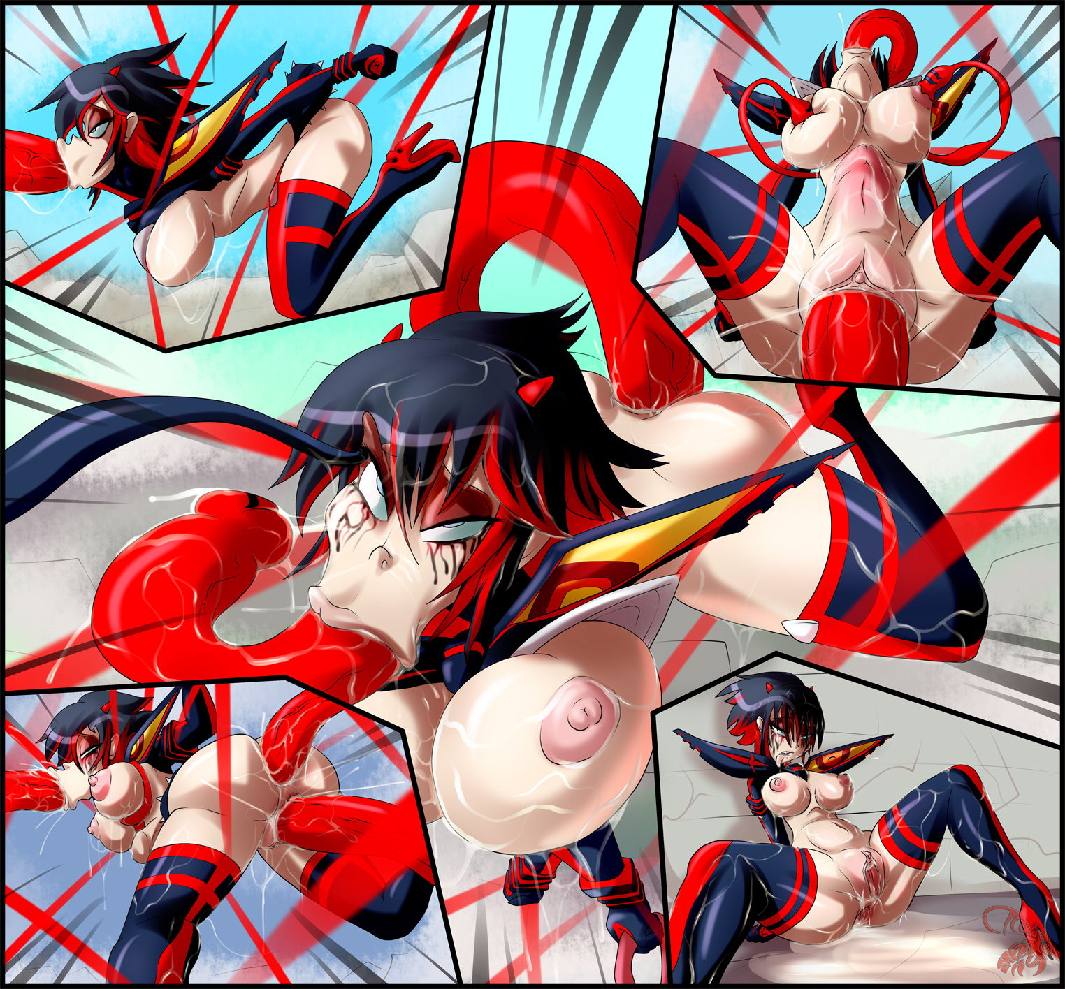 :>=, 1girls, areola, breasts, busty, cicada, cleavage, cum, female, helpless, high heel boots, high heels, hourglass figure, kill la kill, matoi ryuuko, nipples, senketsu, tentacle, tentacles, thigh boots, voluptuous
