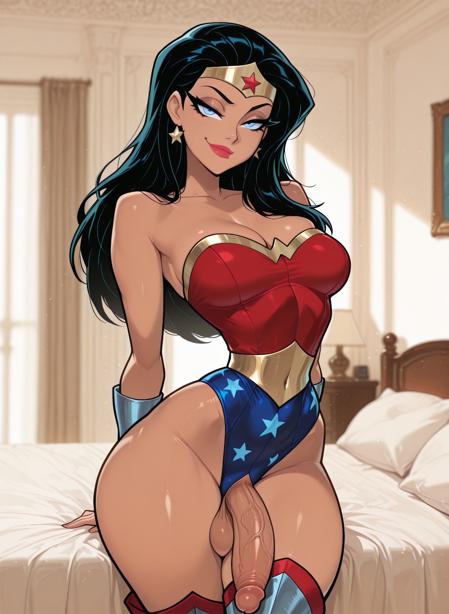 abs, ai generated, ass, big ass, big breasts, big hips, black hair, breasts, cleavage, dark skin, dark-skinned futa, dc, dc comics, dcau, eyebrows, eyelashes, futa only, futanari, grin, leotard, lips, lipstick, long eyelashes, long hair, looking at viewer, makeup, medium breasts, medium hair, navel, seductive, seductive look, seductive smile, smile, smirk, smooth skin, solo, solo focus, tiara, velfur, velfur (artist), wavy hair, wonder woman, wonder woman (series)