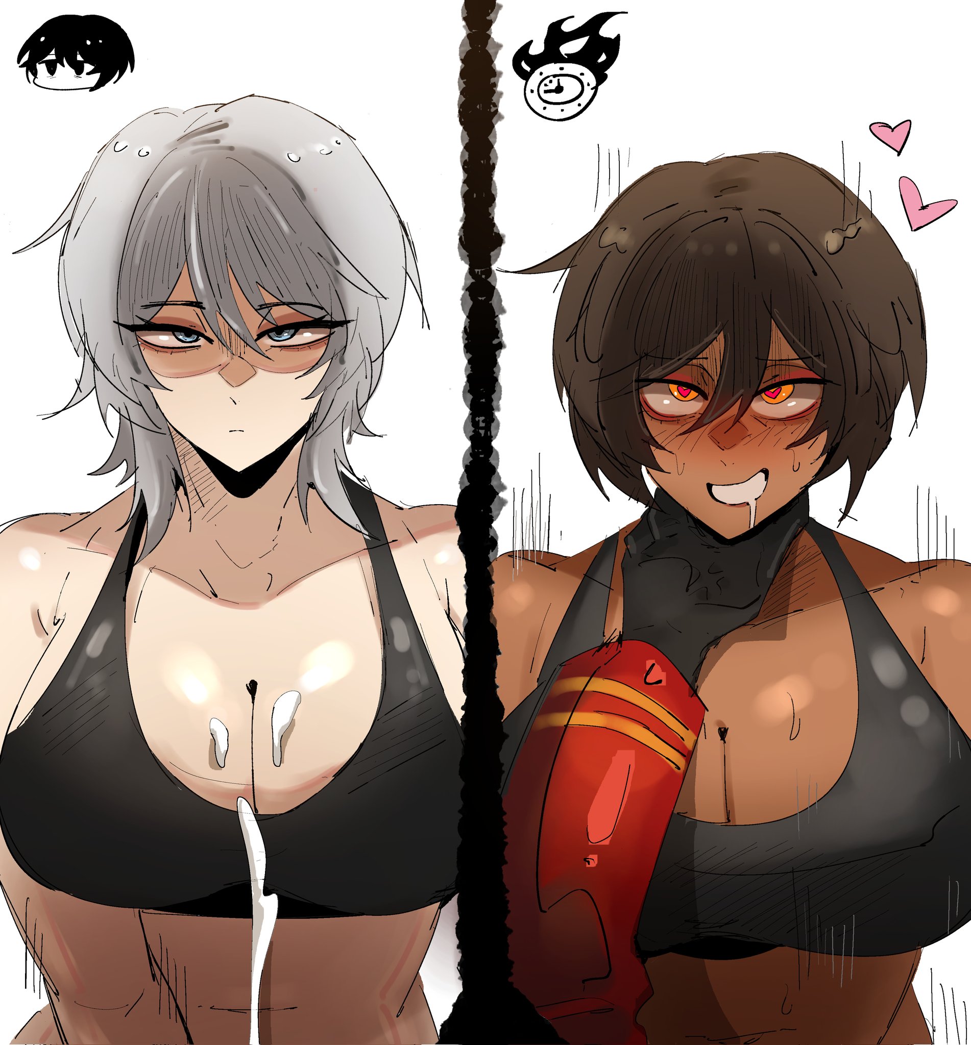2boy, 2d, 2d (artwork), 2d artwork, 2girls, arczaeon, brown hair, brown hair female, choking, color, colored, cum, cum on breasts, dante (limbus company), dark skin, dark-skinned female, dark-skinned male, disappointed, faust (limbus company), heart eyes, light-skinned female, limbus company, outis (limbus company), pov, pov male, project moon, white hair, white hair female, yi sang (limbus company)