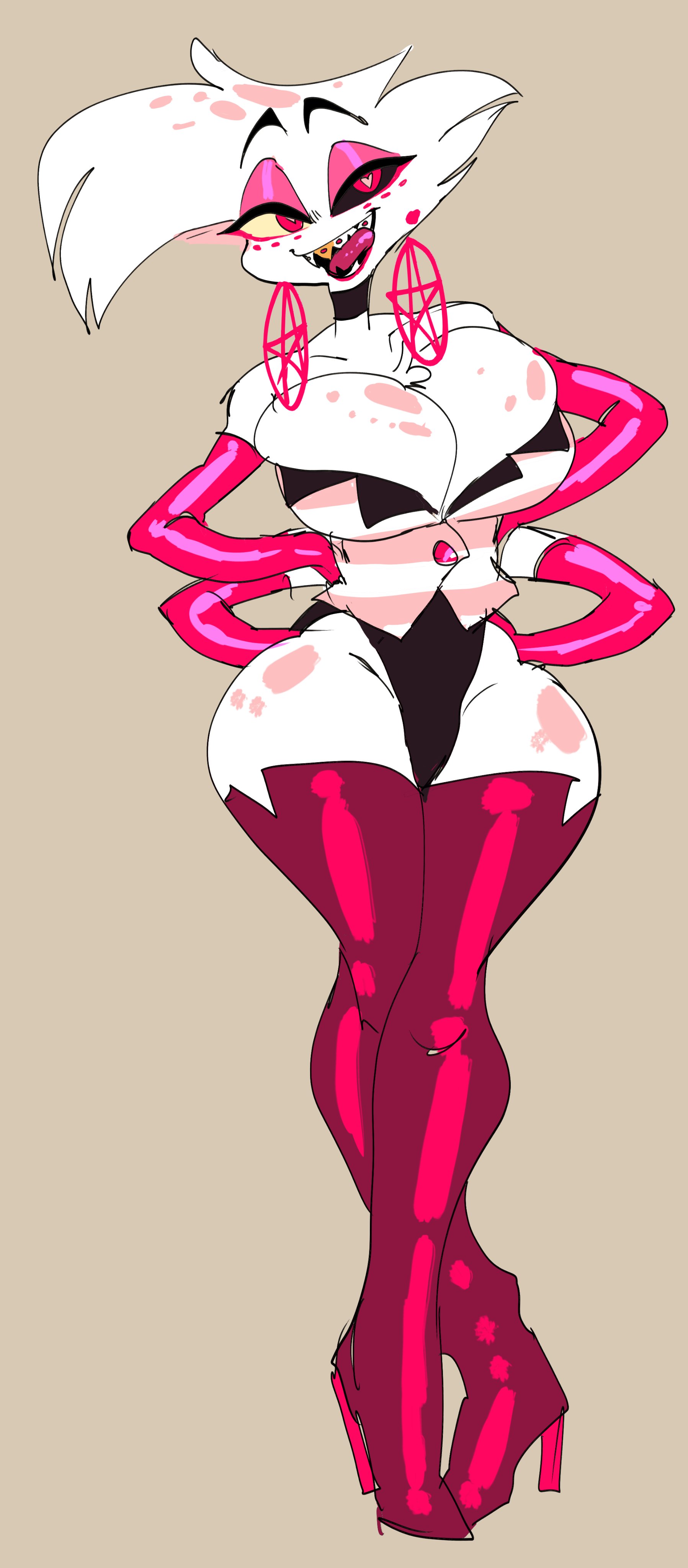 1boy, 4 arms, angel dust, angel dust (hazbin hotel), big breasts, boob window, boots, busty boy, busty male, choker, four arms, fuck me boots, hazbin hotel, heart eyes, heels, hellaverse, high heel boots, high heels, lipstick, long gloves, long nails, makeup, sharp teeth, spider, spider boy, spider humanoid, thick thighs, wide hips, wkkeezy (artist)