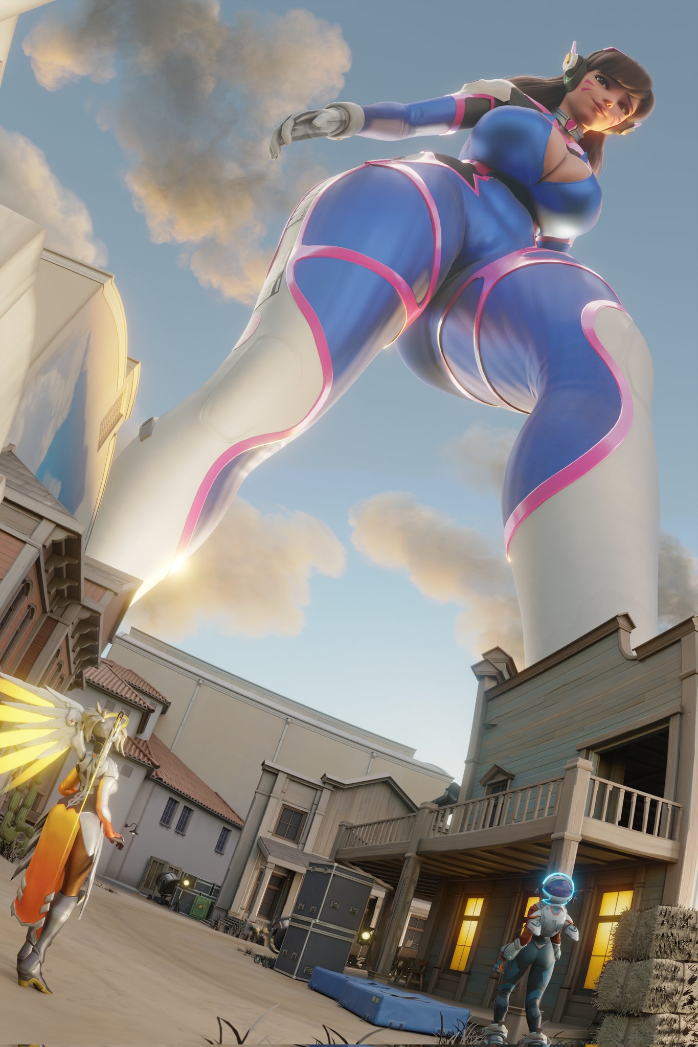 1girls, 2girls, 3d, 3d (artwork), asian, asian female, blizzard entertainment, brown hair, brown hair female, brunette female, brunette hair, cheek markings, clothed, clothed female, d.va, giantess, giga giantess, hana song, juno (overwatch), kaiju shot, korean, korean female, light skin, light-skinned female, overwatch, overwatch 2, scrag boy (model), scrag d.va, tanqian6918, thick thighs, thighs, worms-eye view