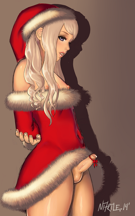 1boy 2014 androgynous areola artist_name balls blonde_hair blue_eyes brown_eyes christmas crossdressing erection eyelashes eyeliner femboy fur_trim girly holidays lipstick long_hair looking_at_viewer male male_only nipples nitrile no_panties penis penis_ribbon precum santa santa_costume santa_hat simple_background solo testicles trap uncensored