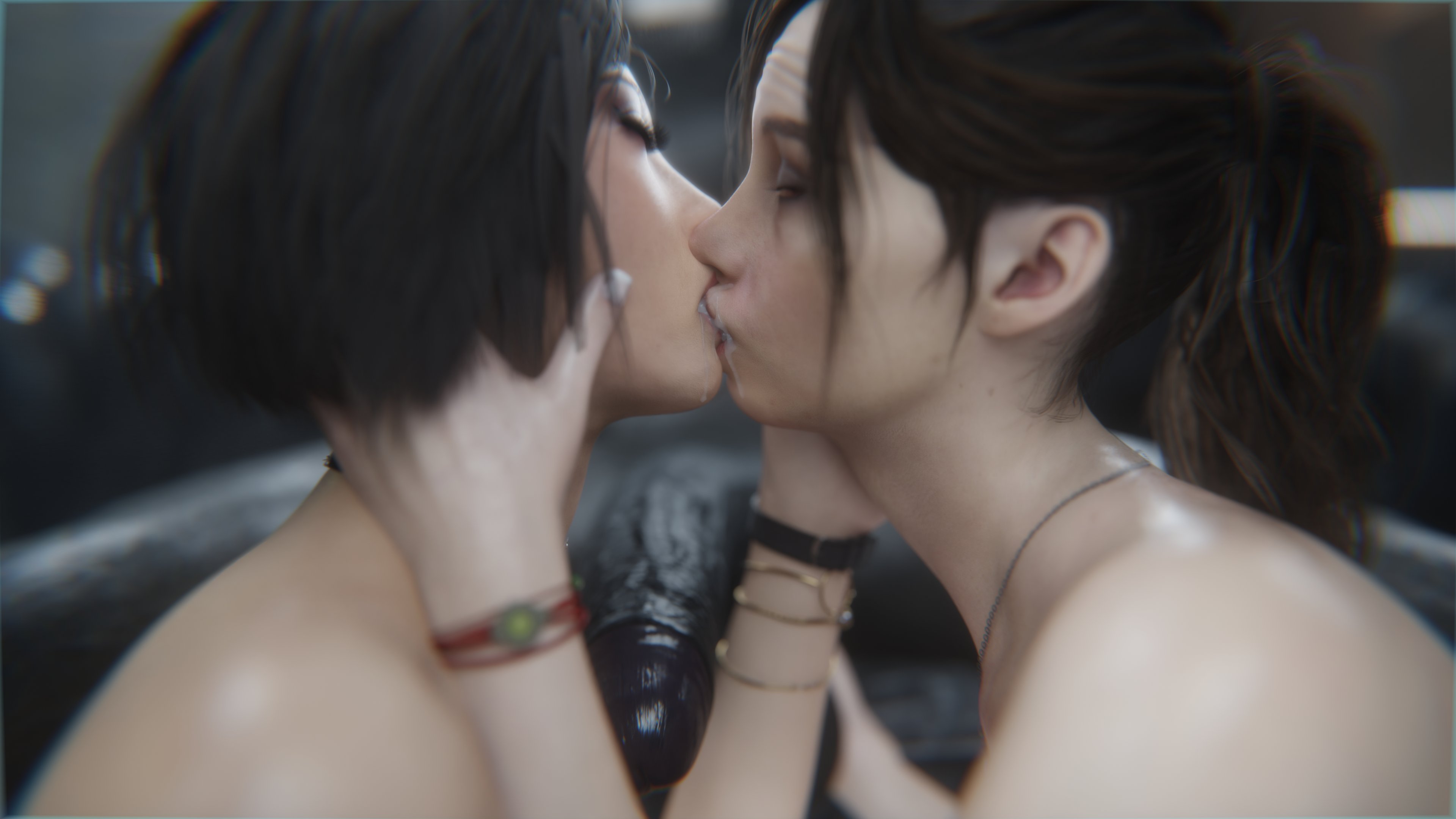 1boy, 2girls, 3d, ada wong, ada wong (adriana), after fellatio, bisexual, bisexual female, capcom, claire redfield, claire redfield (jordan mcewen), cum kiss, cum swap, female, female focus, ffm threesome, grey skin, happy, harem, light skin, light-skinned female, male, monster on female, mr x, resident evil, resident evil 2, resident evil 2 remake, stephanie23, tyrant, unseen male face