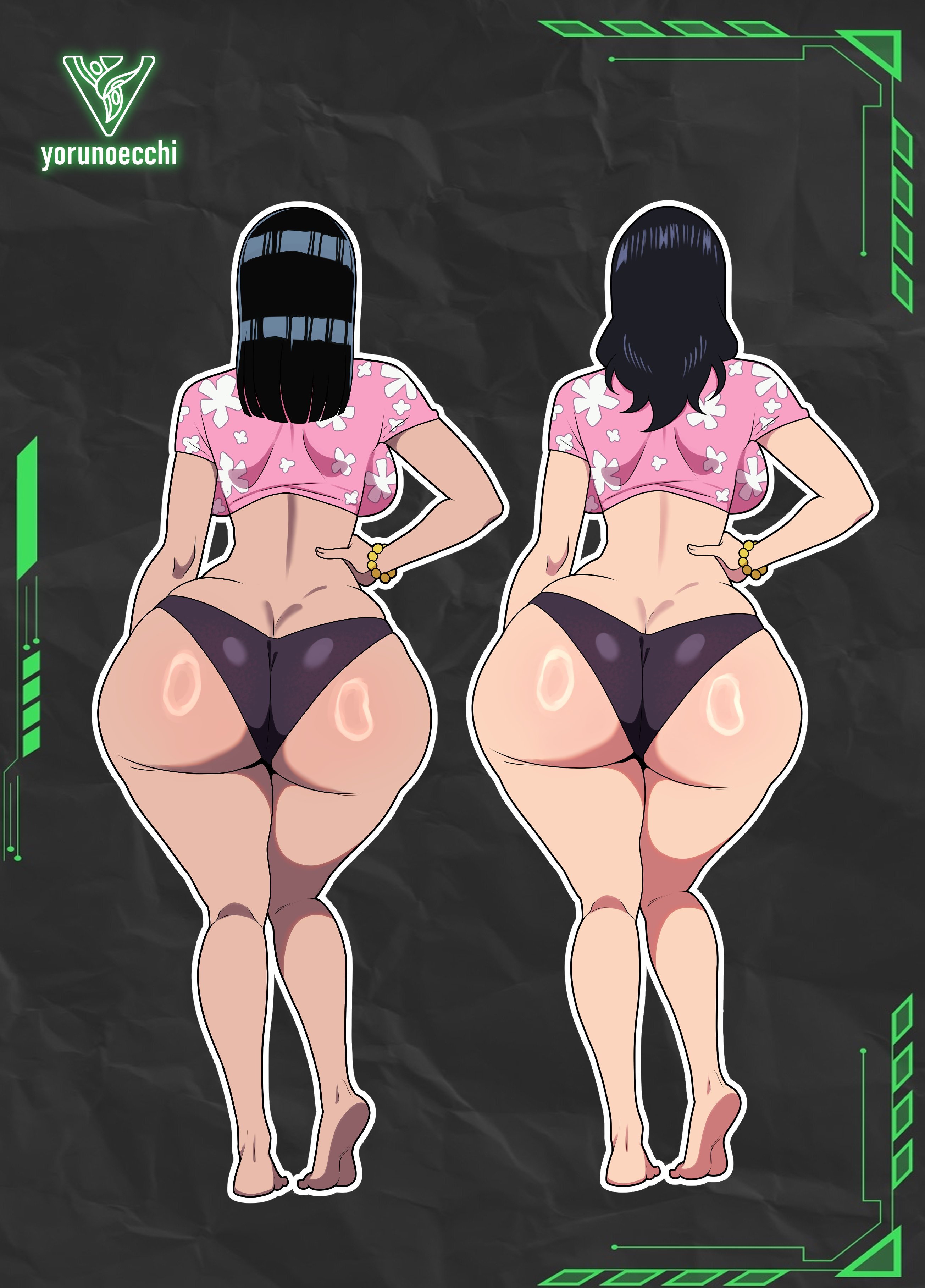 2d, 2d (artwork), 2girls, absurdres, ass, black hair, bracelet, butt crack, facing away, feet, female, female only, freshnsfw, hand on own hip, highres, jewelry, multiple girls, nico robin, one piece, shiny skin, standing, thighs