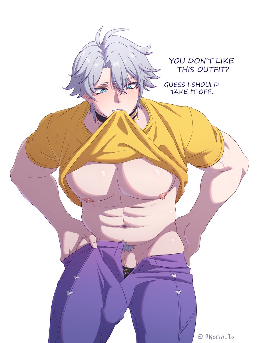1boy, akorin to, blue eyes, bulge, bulge through clothing, english text, erection, gray hair, honkai: star rail, hoyoverse, light skin, light-skinned male, male, male only, muscular, muscular male, nipples, pants pull, penis, phainon (honkai: star rail), pubic hair, shirt lift, shirt up, solo, veiny penis