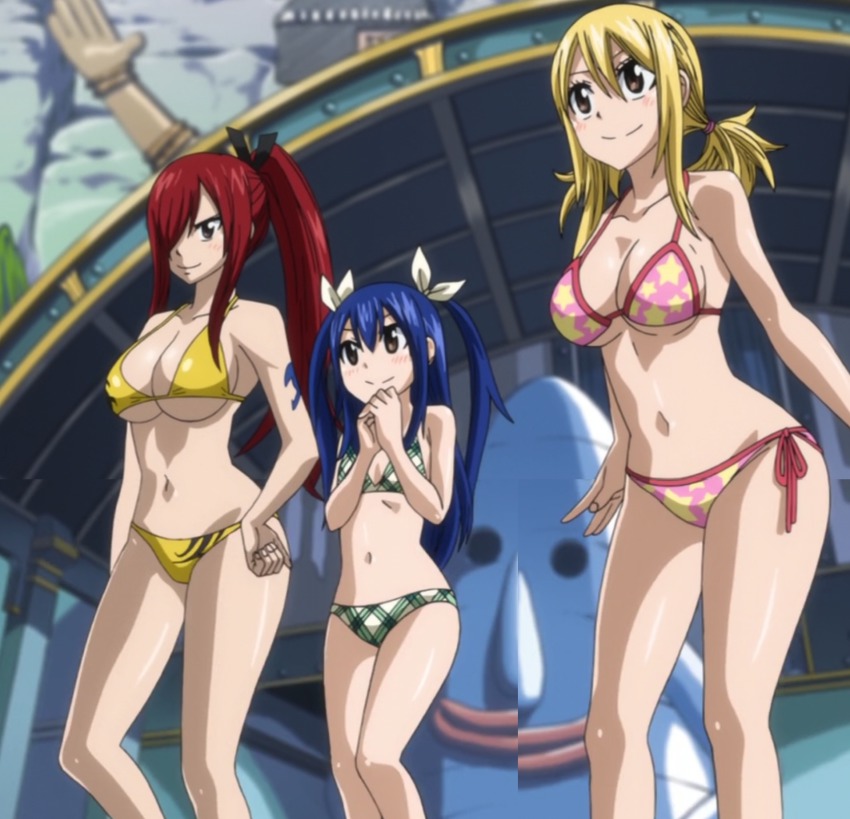 00s 3girls bikini blonde_hair blue_hair breasts brown_eyes cleavage creator_connection erza_scarlet fairy_tail female female_only griff highres human large_breasts long_hair lucy_heartfilia multiple_girls outdoors ponytail rave red_hair screencap screenshot stitched swimsuit tattoo third-party_edit underboob wendy_marvell