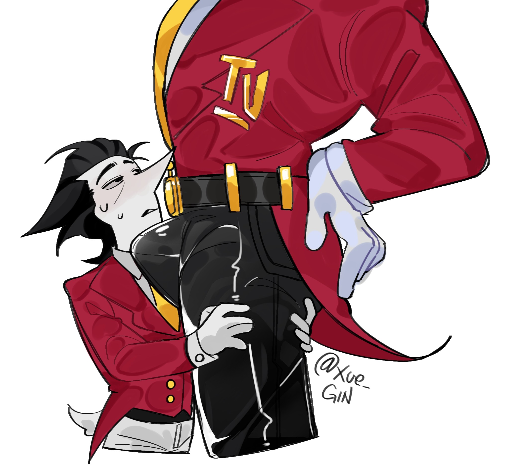 deltarune, erection under clothes, gay, holding legs, size difference, spamtenna, spamton g spamton, tenna (deltarune), undertale (series), yaoi