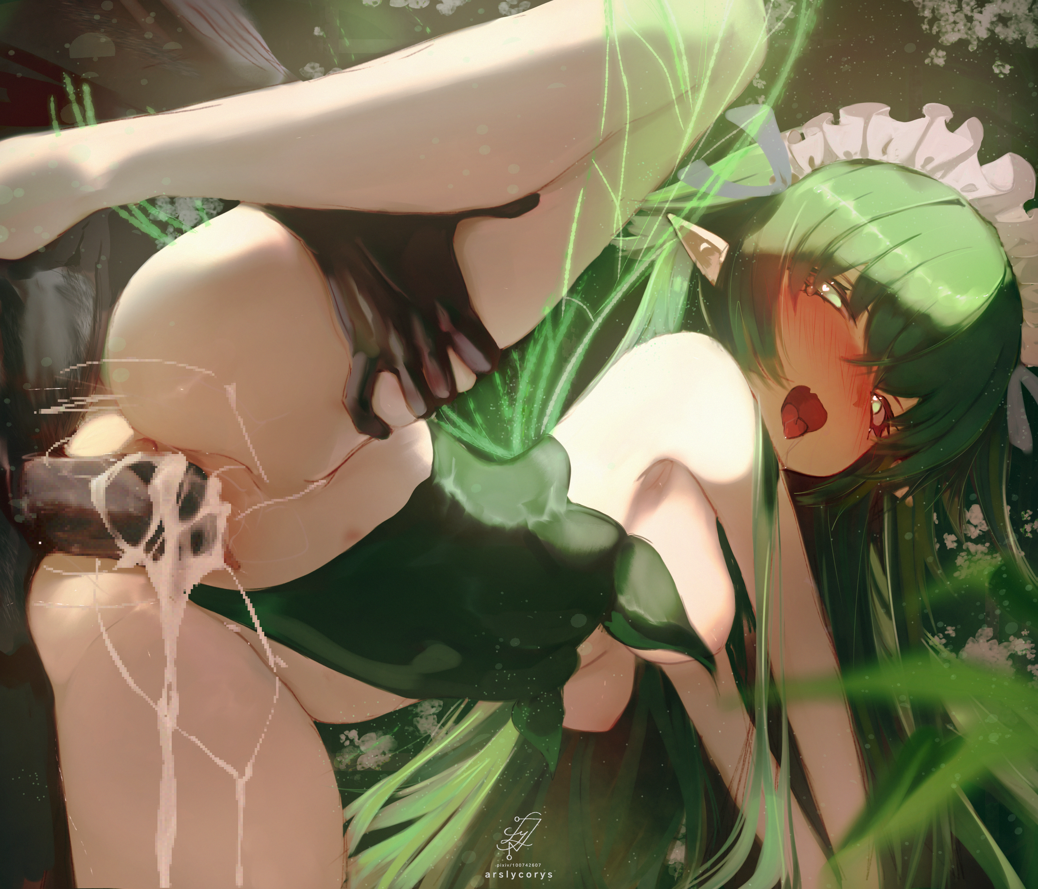 1girls, ars lycorys, black souls, black souls 2, blush, carrying partner, cum in pussy, cum inside, cumming, drooling, green eyes, green hair, heart-shaped pupils, leaf (black souls), leotard, open mouth, penetration, penis, penis in pussy, pussy, tagme, vagina, vaginal, vaginal penetration, vaginal sex