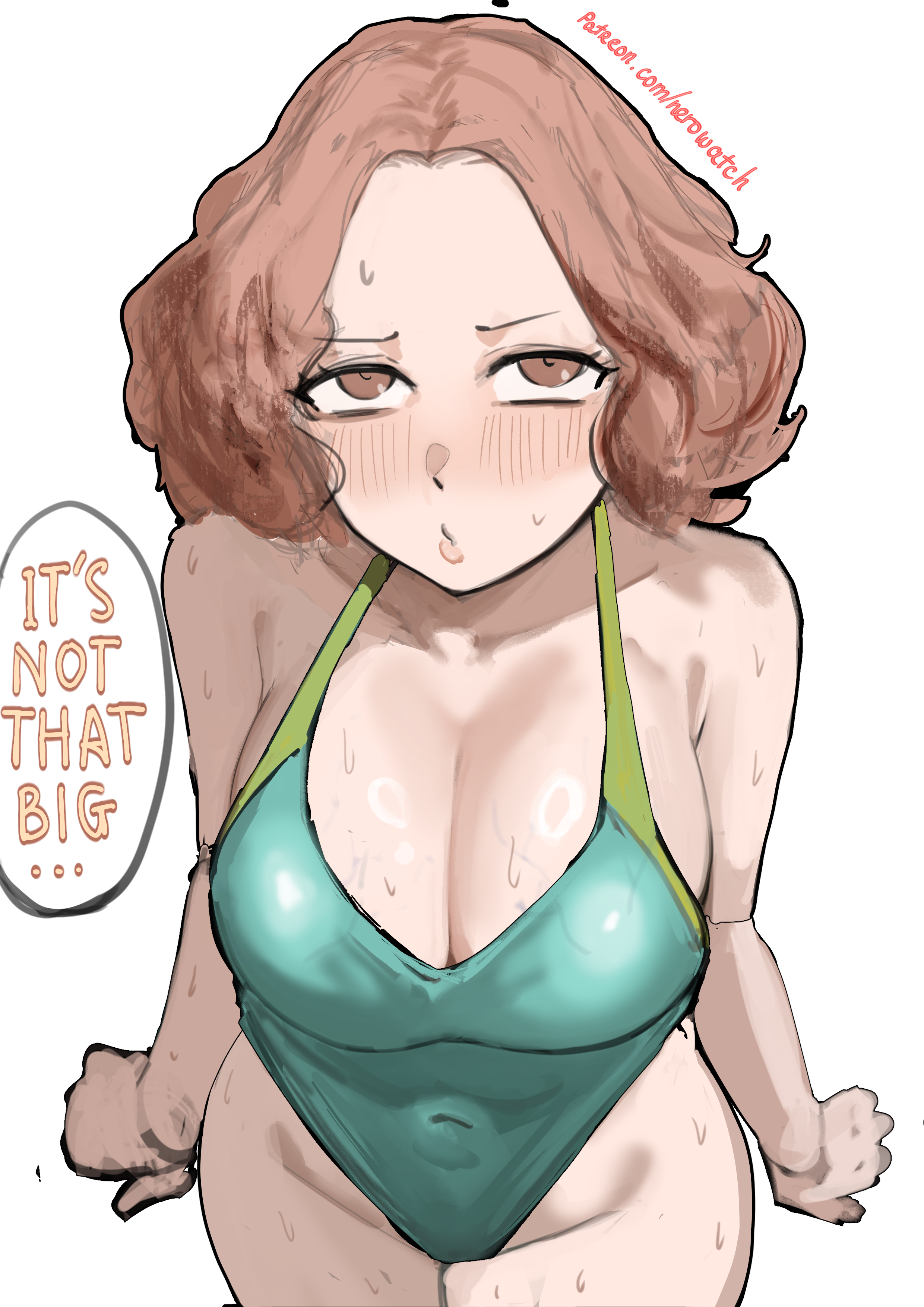 1girls, big cleavage, big forehead, blush, female, haru okumura, nero watch, okumura haru, persona, persona 5, speech bubble, sweat, swimsuit, wet