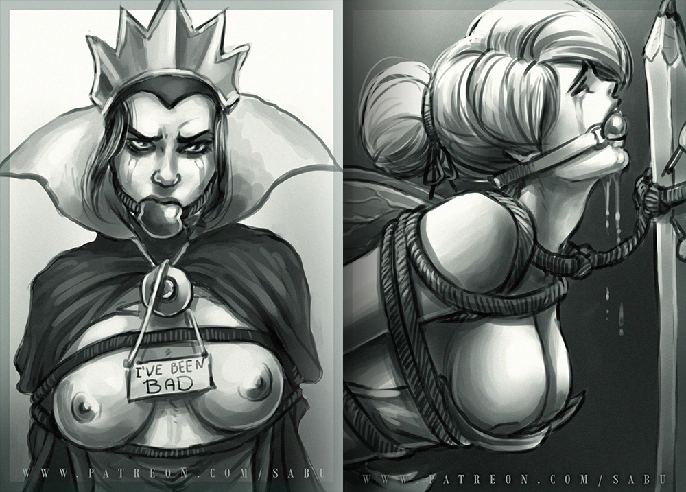 2girls, ball gag, bondage, captured, crying, dialogue, disney, disney fairies, disney villains, exposed breasts, fae, faerie, fairy, fairy wings, femsub, fey, insect wings, pencil, peter pan (disney), pixie, pixie wings, rope, rope bondage, sabudenego, sign, snow white and the seven dwarfs (1937 film), the evil queen, tinker bell