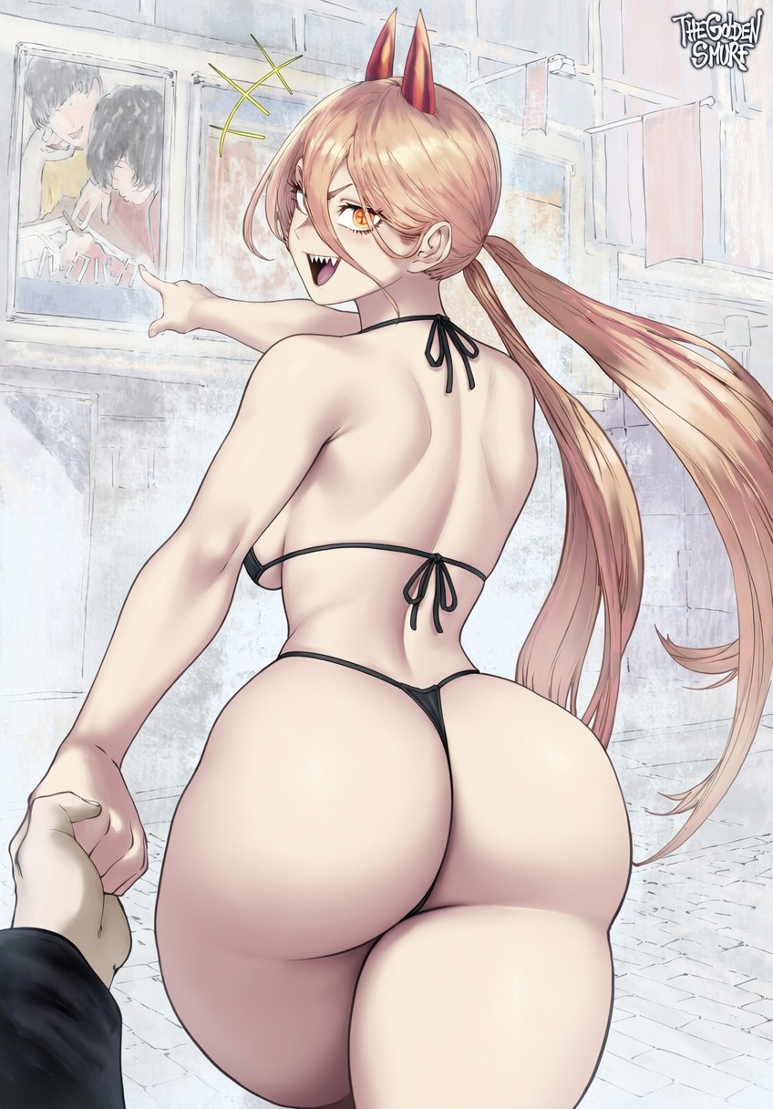 1girls, ai assisted, ai generated, ass, ass focus, ayumu fujino (look back), big ass, big breasts, bikini, blonde hair, breasts, chainsaw man, denji (chainsaw man), edit, female, huge ass, kyoumoto (look back), light-skinned female, look back (manga), medium breasts, power (chainsaw man), public, thegoldensmurf