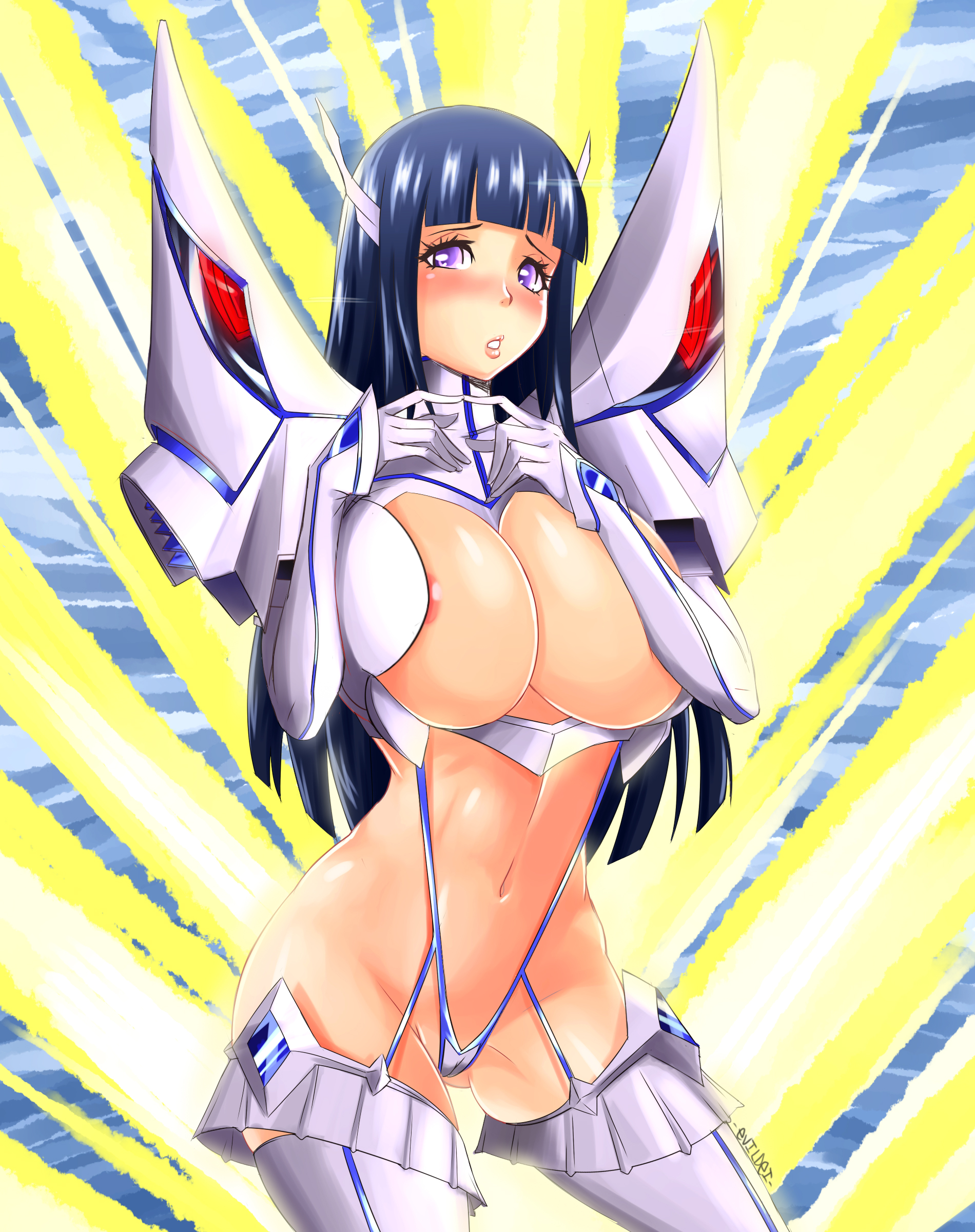 1girls, areola, areola slip, blue hair, blush, breasts, busty, byakugan, center opening, cleavage, cosplay, evildei, female, female only, garter straps, gloves, hair ornament, hime cut, hourglass figure, human, hyuuga hinata, junketsu, junketsu (cosplay), kill la kill, kiryuuin satsuki (cosplay), large breasts, lavender eyes, long hair, looking at viewer, naruto, naruto (series), naruto shippuden, navel, parted lips, solo, suspenders, thigh boots, thighhighs, voluptuous