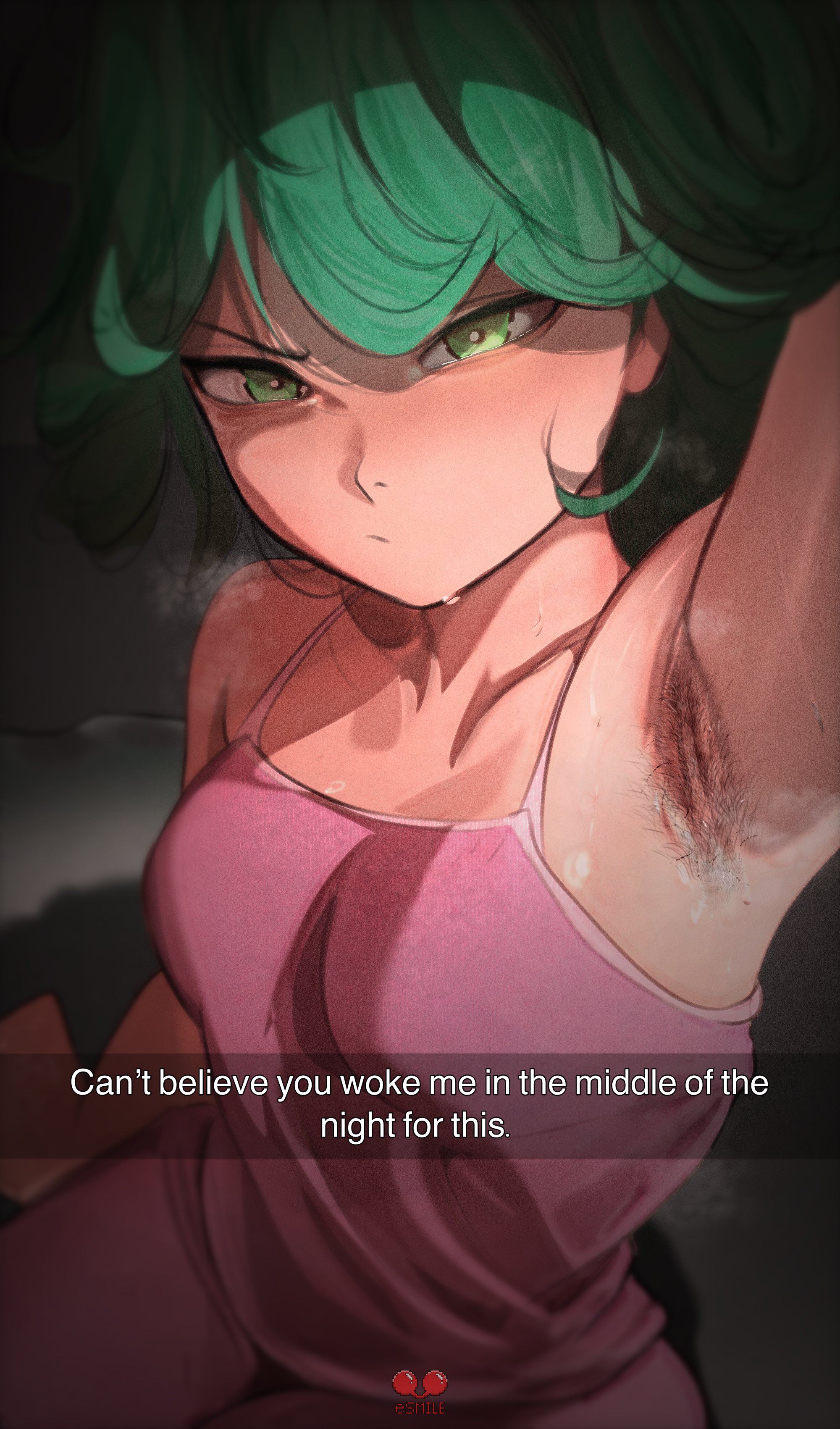 1girls, armpit, armpit fetish, armpit hair, arms up, artist logo, artist name, breasts, camisole, closed mouth, collarbone, english, english text, esmile, female, female only, green eyes, green hair, looking at viewer, medium hair, on bed, one-punch man, pink pants, pink shirt, pout, pouting, small breasts, snapchat, solo, solo female, solo focus, steam, steaming body, steamy, sweat, sweatdrop, tatsumaki