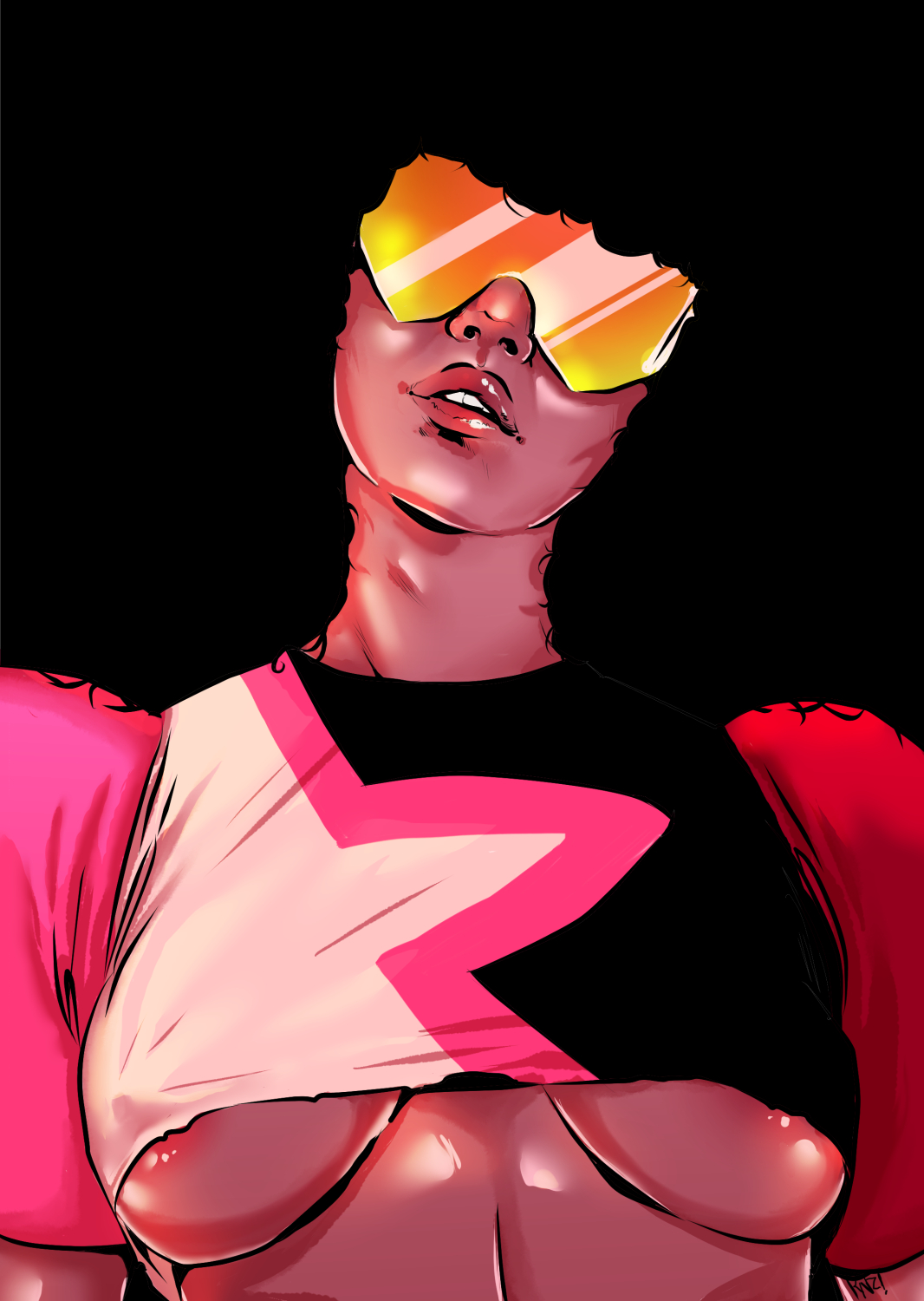 1girls, 2015, areola slip, areolae, big breasts, black hair, breasts, female, garnet (steven universe), renx, solo, steven universe, sunglasses, underboob