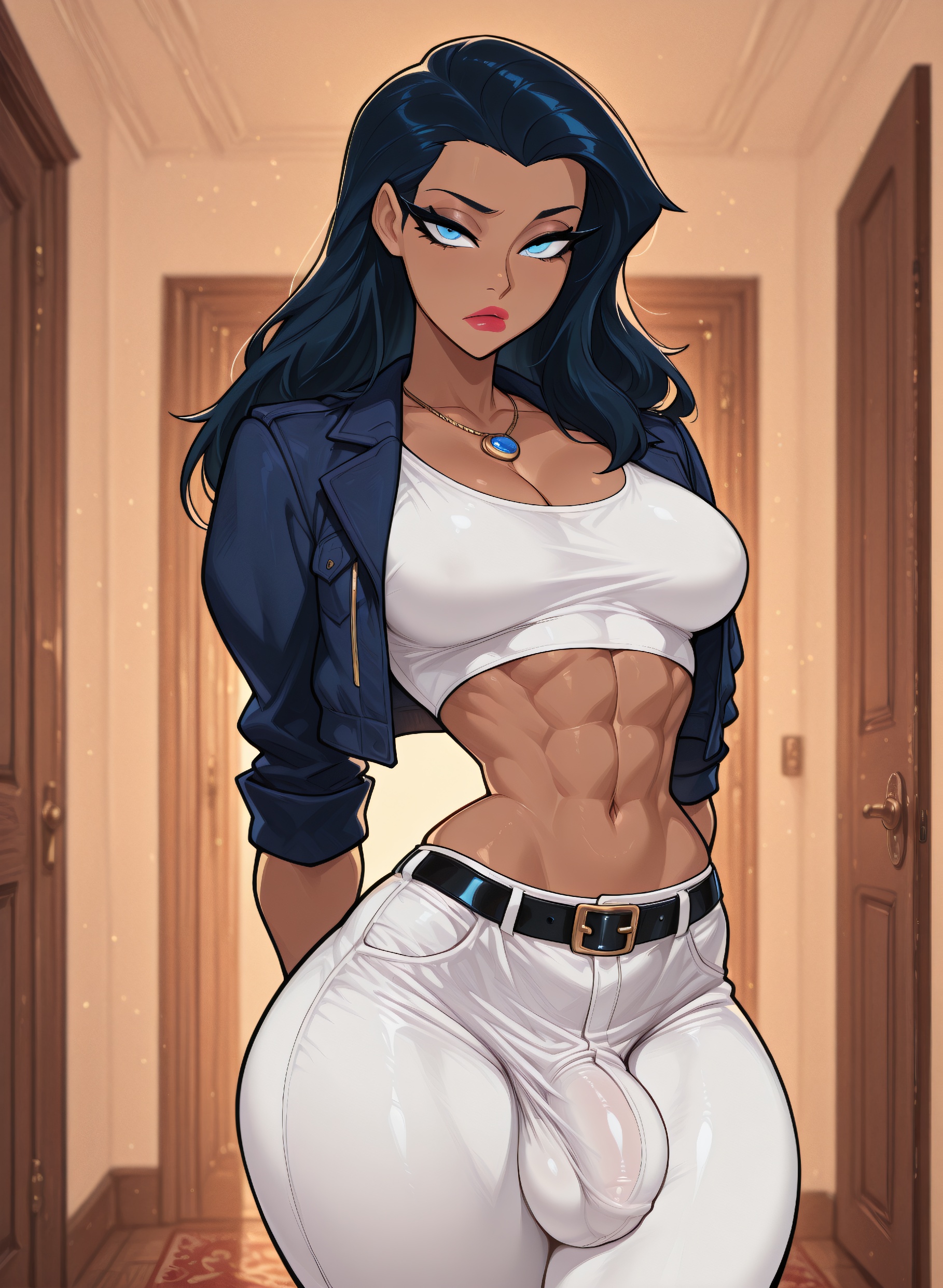 1futa, abs, ai generated, ass, belt, big ass, big breasts, big hips, black hair, breasts, bush, bushy pubes, cleavage, clothed, clothing, crop top, crotch, dark skin, dark-skinned futa, dc, dc comics, dcau, denim, denim jacket, eyebrows, eyelashes, futa only, futanari, grin, jacket, jeans, lips, lipstick, long eyelashes, long hair, looking at viewer, makeup, medium breasts, medium hair, muscular, muscular futa, naked, navel, nude, pants, seductive, seductive look, seductive smile, smile, smirk, smooth skin, solo, solo focus, velfur, velfur (artist), wavy hair, white crop top, white pants, wonder woman, wonder woman (series)