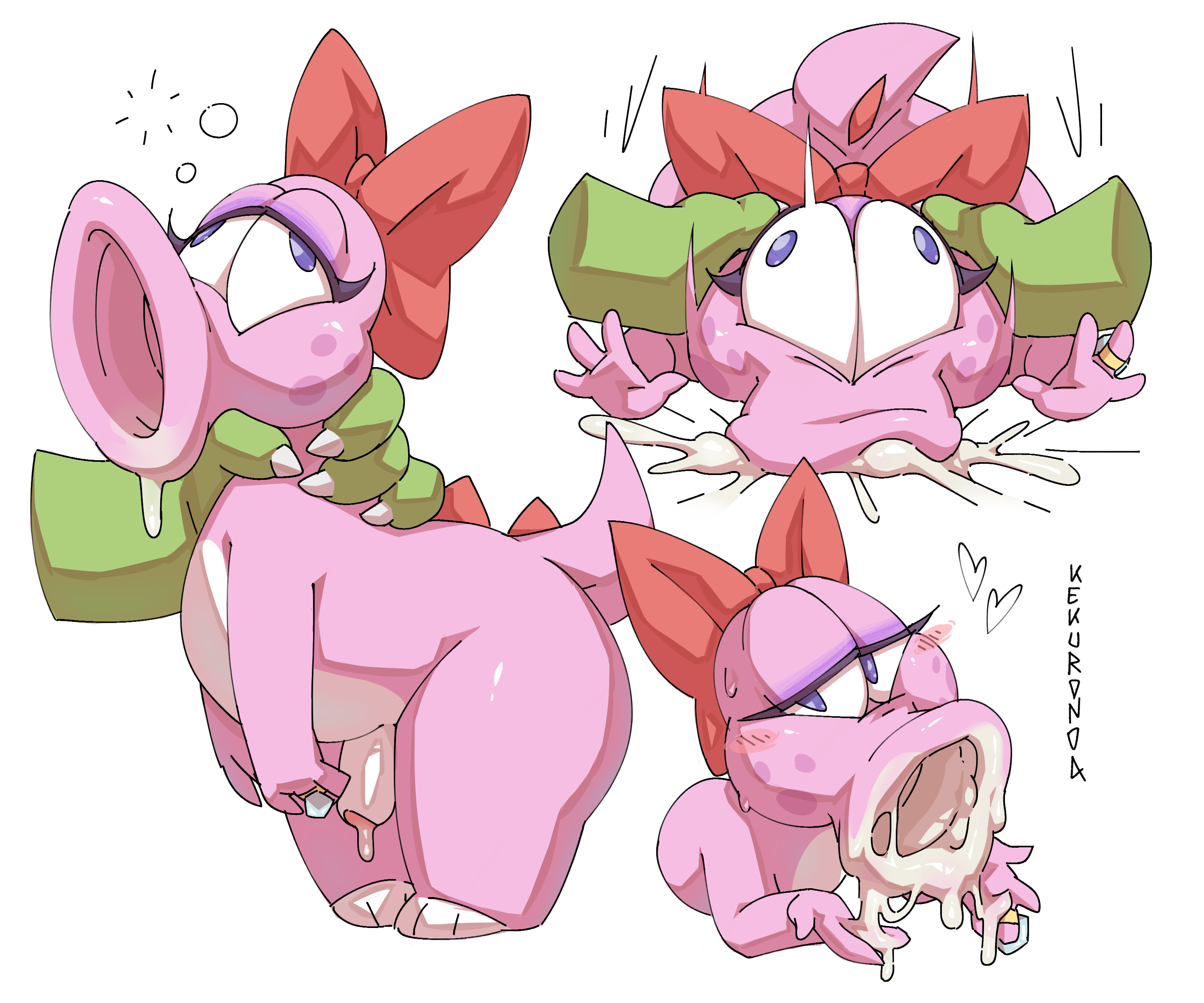 absurd res, anthro, bedroom eyes, big eyes, birdo, birdo (character), blush, blush lines, bodily fluids, bow ribbon, bubble, claws, comic, cum, cum drip, cum in mouth, cum inside, diamond (gem), dripping, drunk, drunk bubble, duo, ejaculation, eyelashes, eyeshadow, fellatio, floating hands, forced, forced oral, freckled face, freckles, gem, genital fluids, genitals, gynomorph, heart symbol, hi res, intersex, intersex/male, kekuronoa, long eyelashes, looking at viewer, looking pleasured, makeup, male, mario (series), narrowed eyes, nintendo, oral, penile, pink body, pink skin, purple eyes, ring (jewelry), seductive, sex, signature, simple background, slightly chubby, spikes, spikes (anatomy), substance intoxication, super smash bros., thick thighs, white background, wide eyed, wide hips