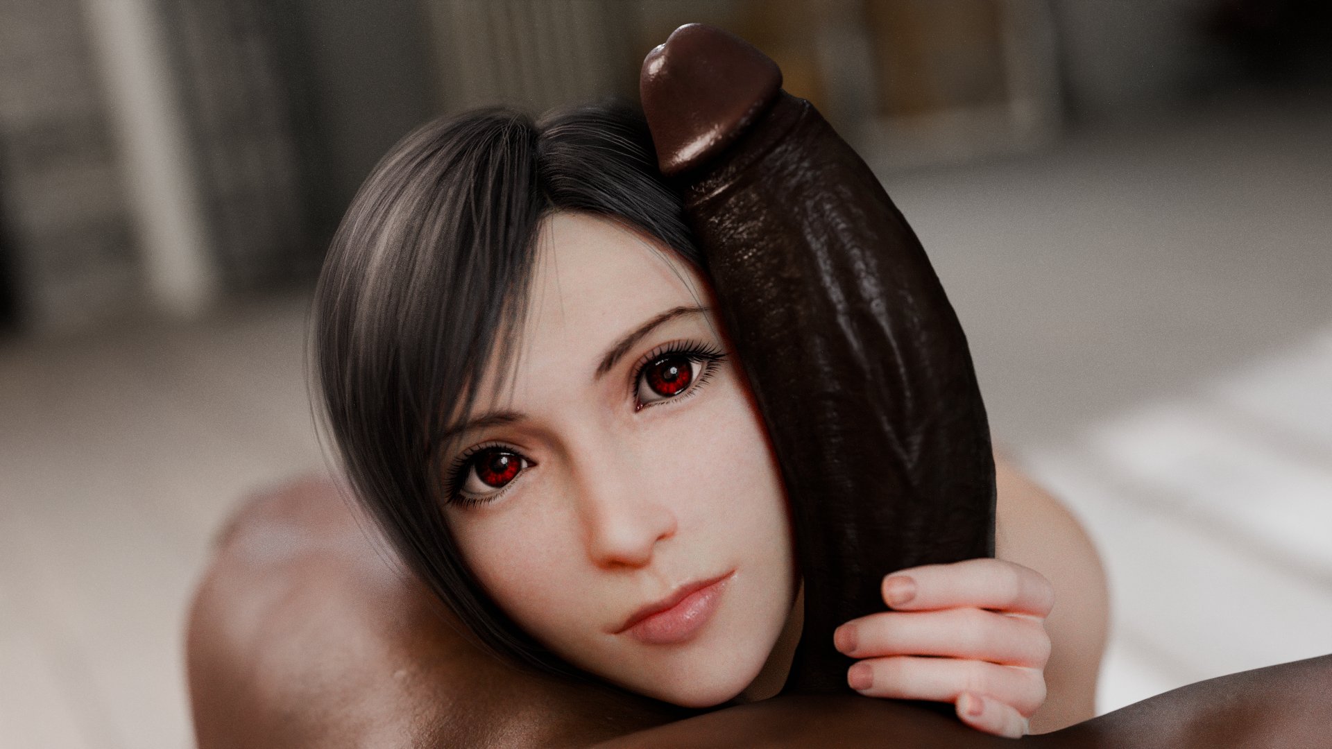 1boy, 1girls, 3d, 3d (artwork), african male, asian, asian female, black hair, cock worship, completely nude, completely nude female, completely nude male, dark skin, dark-skinned male, derpderp, final fantasy, final fantasy vii, final fantasy vii remake, imminent oral, interracial, light-skinned female, light-skinned male, looking at partner, looking at viewer, nude, nude female, nude male, penis bigger than head, penis grab, penis on face, penis worship, posing with penis, red eyes, square enix, submissive female, tifa lockhart, uncensored, worship