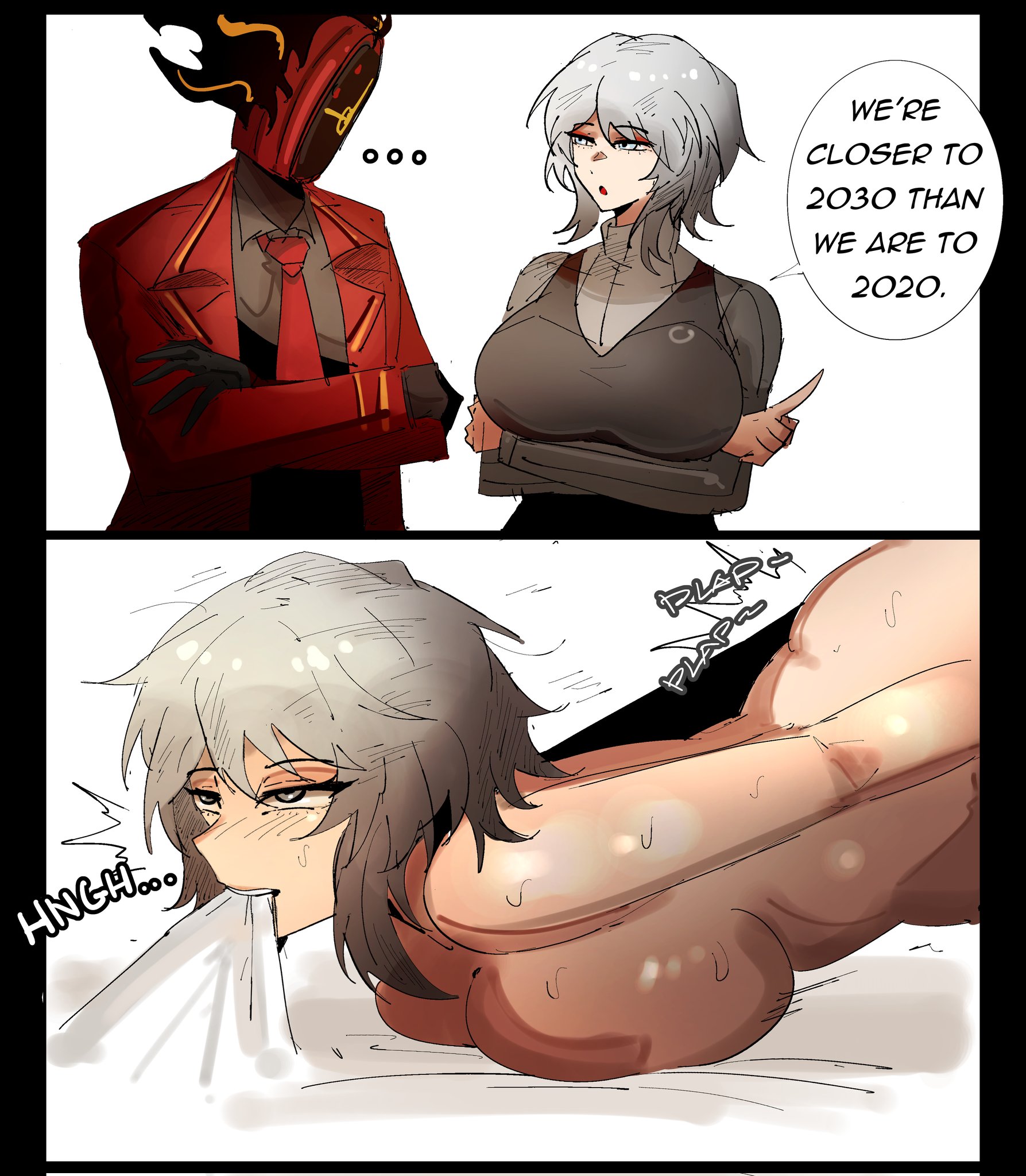 1boy, 1girls, 2d, 2d (artwork), 2d artwork, arczaeon, before and during, before sex, clothed, clothed female, clothed male, clothing, color, colored, dante (limbus company), dark skin, dark-skinned male, english, english text, faust (limbus company), light skin, light-skinned female, limbus company, nude, nude female, plap, project moon, speech bubble, text, text bubble