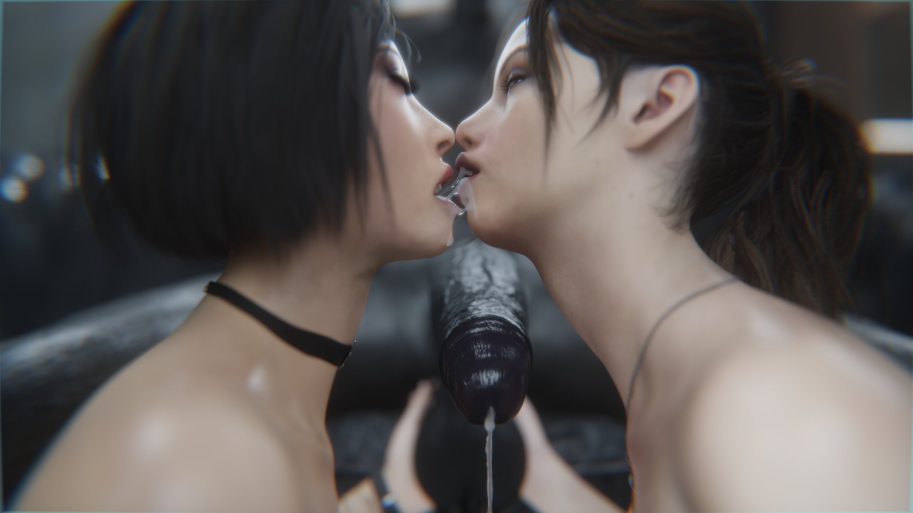 1boy, 2girls, 3d, ada wong, ada wong (adriana), after fellatio, bisexual, bisexual female, capcom, claire redfield, claire redfield (jordan mcewen), cum kiss, cum swap, female, female focus, ffm threesome, grey skin, harem, light skin, light-skinned female, male, monster on female, mr x, resident evil, resident evil 2, resident evil 2 remake, stephanie23, tyrant, unseen male face