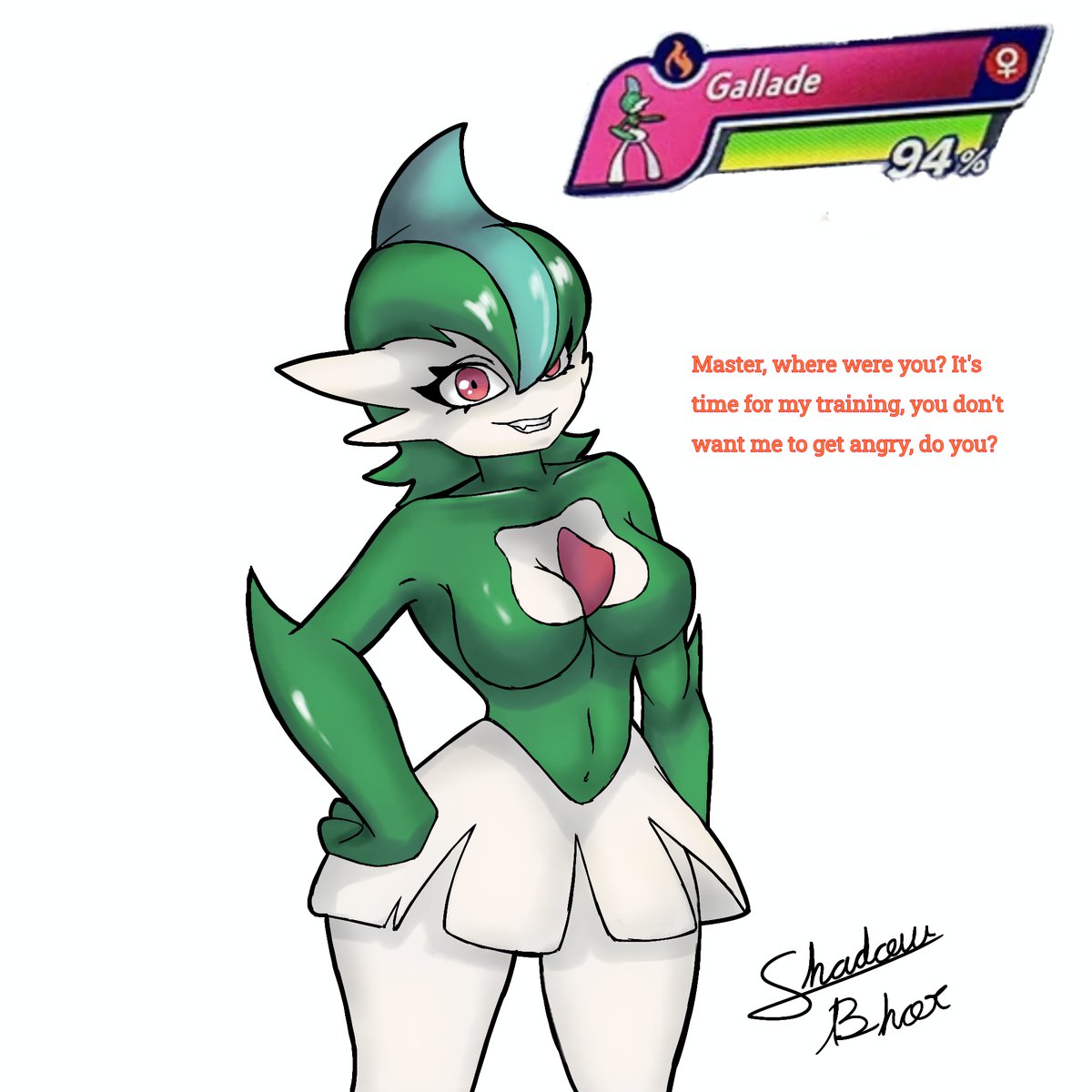 antropomorph, digital media (artwork), erureido, female, female erureido, female gallade, female pokemon, gallade, game freak, generation 4 pokemon, ibispaintx, medium breasts, nintendo, pokemon (species), pokemon champions, pokemon only, pokemon rse, pokemon ruby sapphire & emerald, rule 63, the shadowbhor, tomboy, yandere