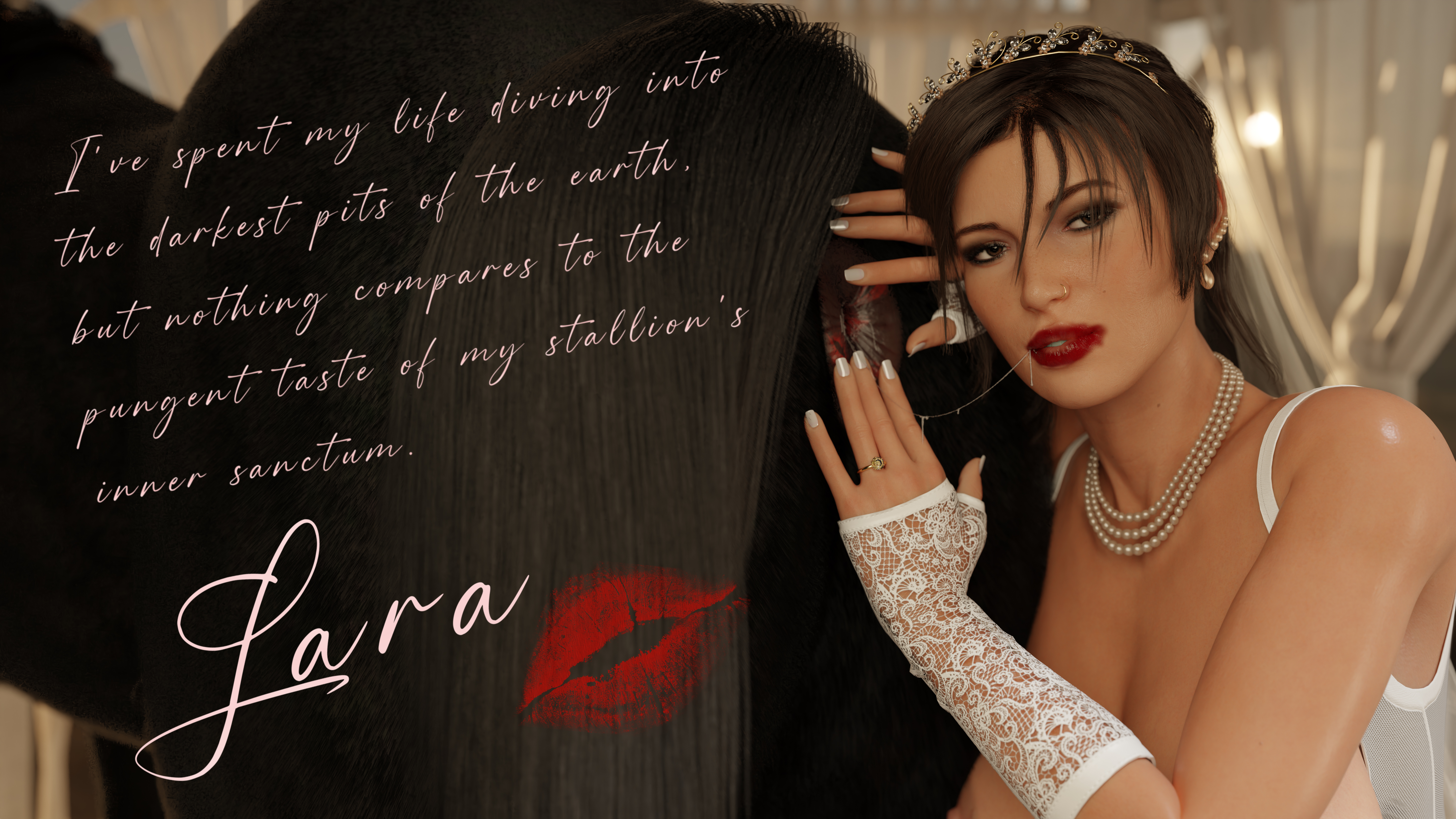 3d, analingus, beast rimming, benjibonjo, bestiality, bestiality marriage, bride, equine, eyeshadow, female on feral, female rimming male, feral, feral on female, feral on human, horse, human female, human on feral, lara croft, lara croft (survivor), lipstick, looking at viewer, married couple, married to feral, rimjob, rimming, rimming male, saliva, saliva on anus, saliva string, saliva trail, tomb raider, tomb raider (survivor), wedding, wedding dress, zoophilia