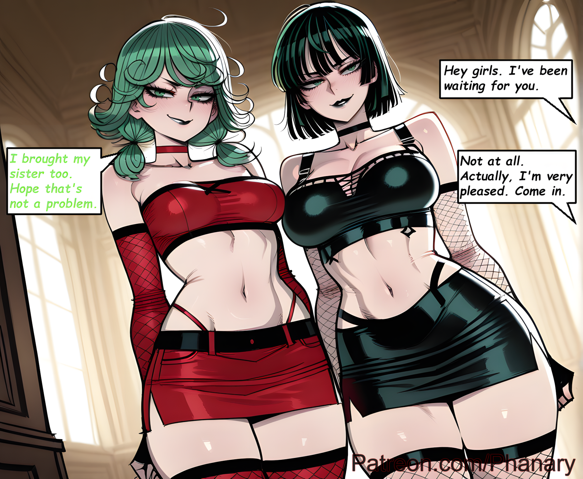 1girls, 2026, 2girls, absurdres, ai generated, alternate costume, anime, anime style, arms at sides, arms behind back, artist name, bandeau, bare shoulders, big ass, big breasts, black choker, black gloves, black hair, black lips, black panties, black skirt, black thighhighs, black tube top, blurred background, blush, blush lines, blushing female, bob cut, breasts, bubble ass, bubble butt, choker, cleavage, collarbone, comic, comic page, comic panel, comic strip, cover page, cowboy shot, crop top, curly hair, curvy, curvy body, curvy female, curvy figure, curvy hips, curvy thighs, detached sleeves, dialogue, digital art, digital painting, doorway, elbow gloves, emo, emo girl, emo hair, english, english dialogue, english text, esper sisters, female, fingerless gloves, fishnet gloves, fishnet thighhighs, fishnets, fubuki (one-punch man), gloves, goth, goth fashion, goth girl, goth makeup, goth milf, goth mommy, gothic, gothic girl, gothic lolita, green eyes, green hair, grin, highleg, highleg panties, highres, huge breasts, indoors, large ass, large breasts, line art, linea alba, lipstick, long comic, looking at viewer, makeup, manga style, medium breasts, medium hair, microskirt, midriff, miniskirt, multiple girls, multiple panels, narrow waist, navel, one punch man, one-punch man, panties, panty straps, parted lips, patreon, patreon link, patreon username, pencil skirt, phanary, red choker, red gloves, red lips, red panties, red shirt, red skirt, red sleeves, red thighhighs, short hair, siblings, side slit, sister, sisters, skindentation, skirt, smile, soft shading, solo focus, speech bubble, standing, stomach, strapless, tatsumaki, text, text box, text bubble, text focus, thick, thighhighs, thighs, threesome invitation, tube top, twintails, underwear, wide hips, window, zettai ryouiki