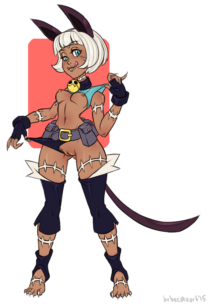 :p animal_ears barefoot bebecake belt blue_eyes breasts cat_ears cat_tail claws collar dark-skinned_female dark_skin fangs female fingerless_gloves gloves grin looking_at_viewer nadia_fortune navel nipples panties panties_aside pouch pussy scar shirt_lift skullgirls slit_pupils solo standing tail tongue tongue_out underwear white_hair