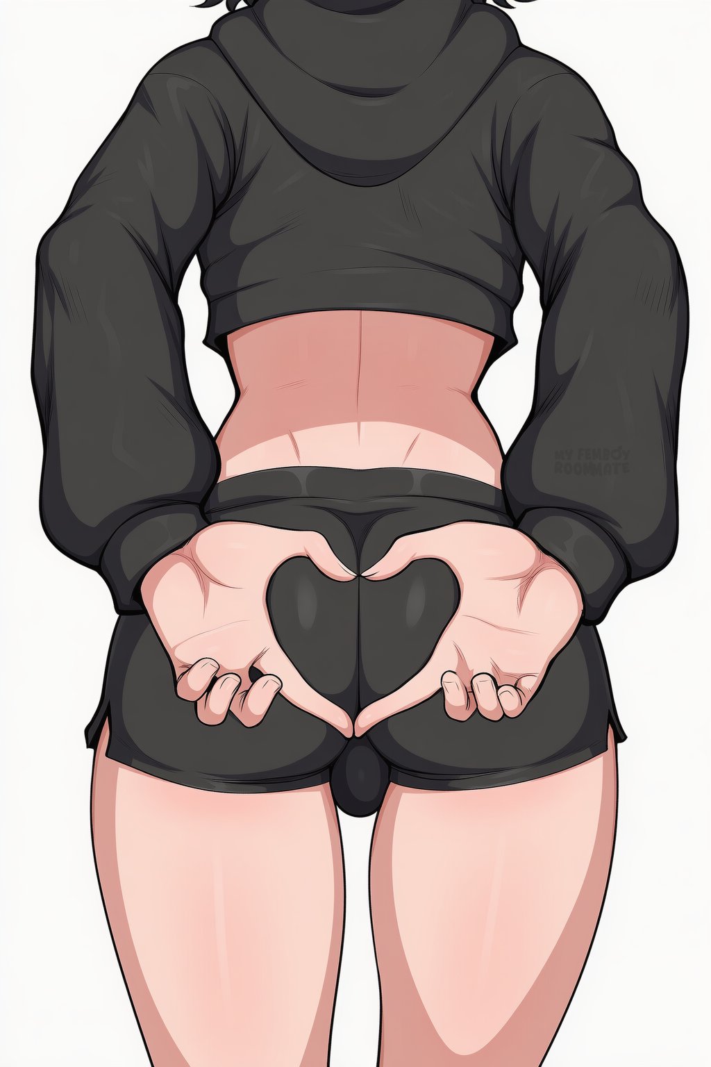 1boy, ai generated, ass, back, big ass, big balls, black hair, black outfit, femboy, femboy only, gay, gay anal, gay male, gay sex, heart symbol, my femboy roommate, my femboy roommate: special weekend, nuteku, robin (my femboy roommate), sex, sexy, sexy body, sexy pose, short hair, shorts, uncensored