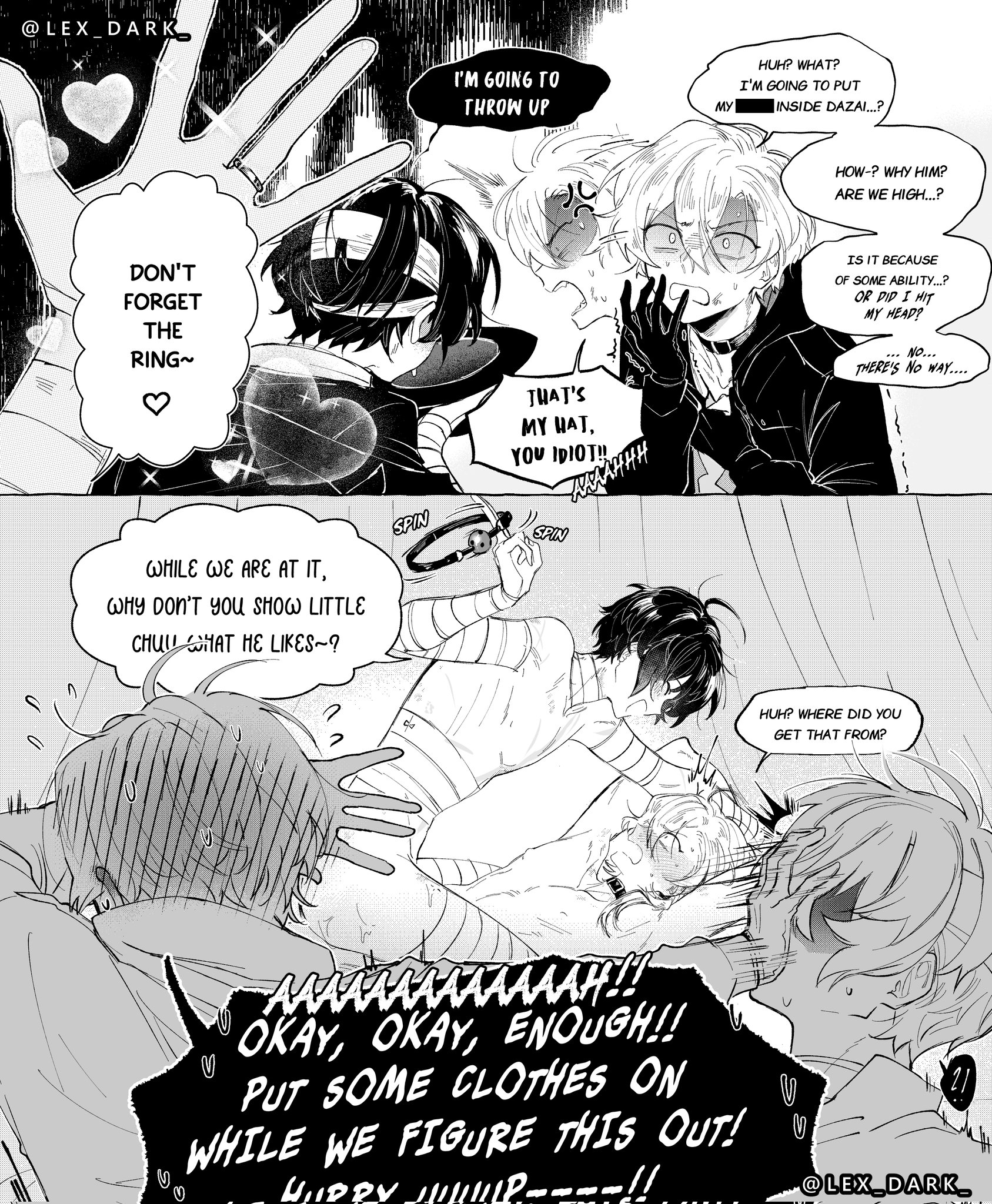 4boys, bungo stray dogs, bungou stray dogs, chuuya nakahara, collar, dazai osamu, lex dark, nakahara chuuya, osamu dazai, time travel, yaoi
