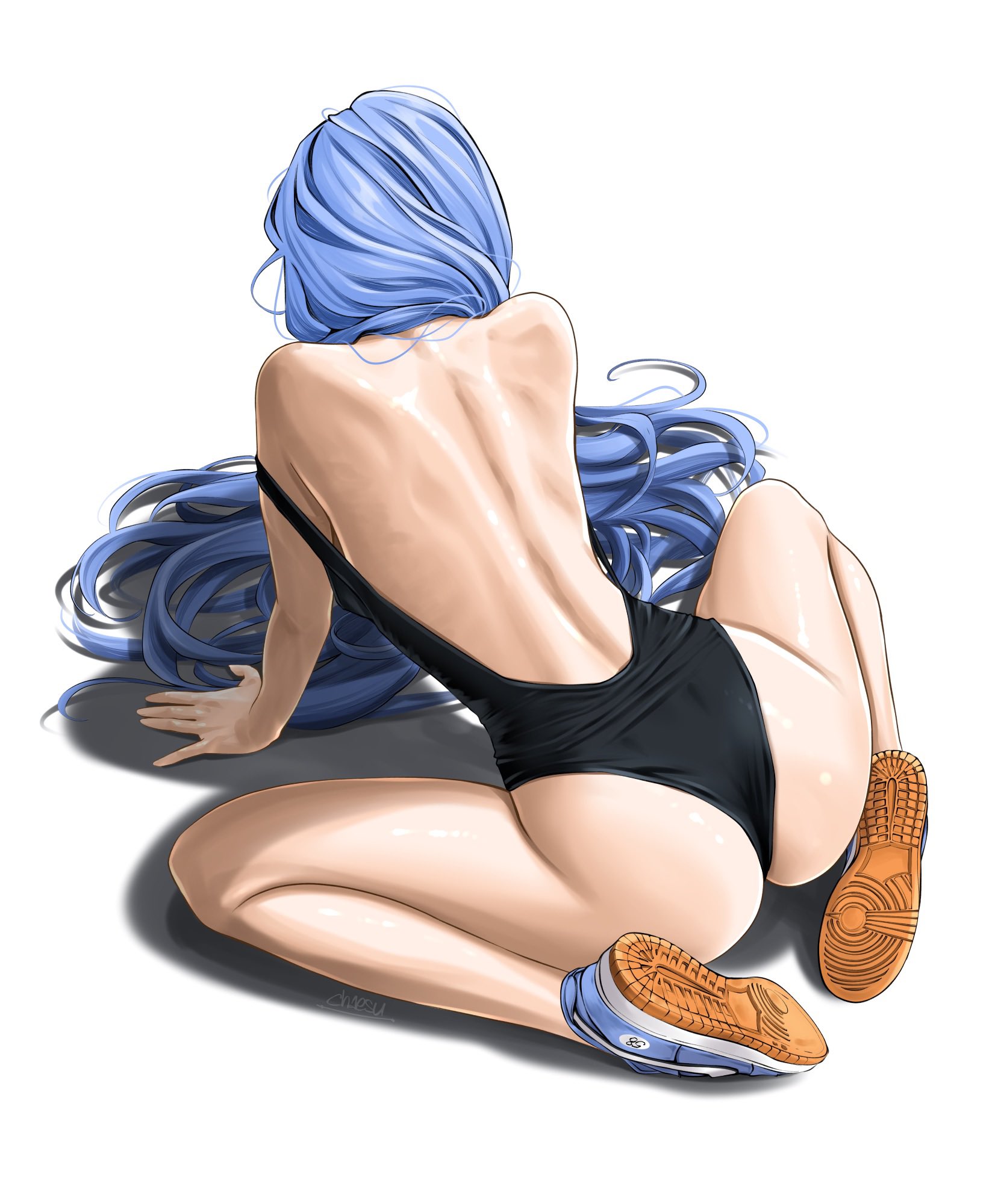 2d, 2d (artwork), arched back, ass cheeks, bare ass, bare back, bare legs, bare shoulders, bare thighs, bending forward, bending over, bent over, blue hair, chaesu, cheeks, fit, fit female, hourglass figure, hourglass figured female, kneeling, kneeling down, kneeling female, long hair, minah, one piece suit, one piece swimsuit, simple background, slim waist, sneakers, stretched, stretching, tagme, white background, wide hips