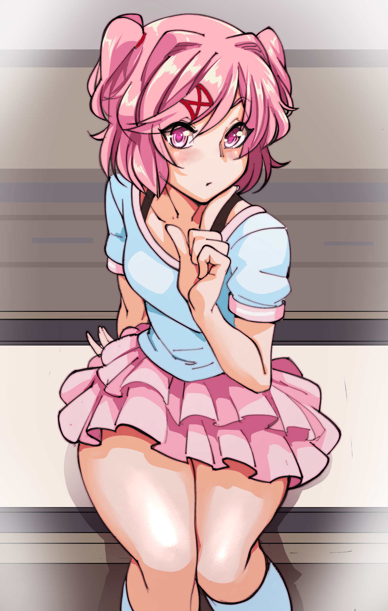 1girls, absurd res, absurd resolution, absurdres, bob cut, ddlc, doki doki literature club, female, female only, hair, hair ornament, hi res, high quality, high resolution, highres, looking at viewer, natsuki (doki doki literature club), nisego, pink eyes, pink hair, pink skirt, pretty face, pretty girl, questionable, questionable consent, serenity forge, sfw, shirt, sitting, skirt, socks, solo, team salvato, thick thighs, thighs, thinking, twitter link, white shirt, white socks, x hair ornament, x link
