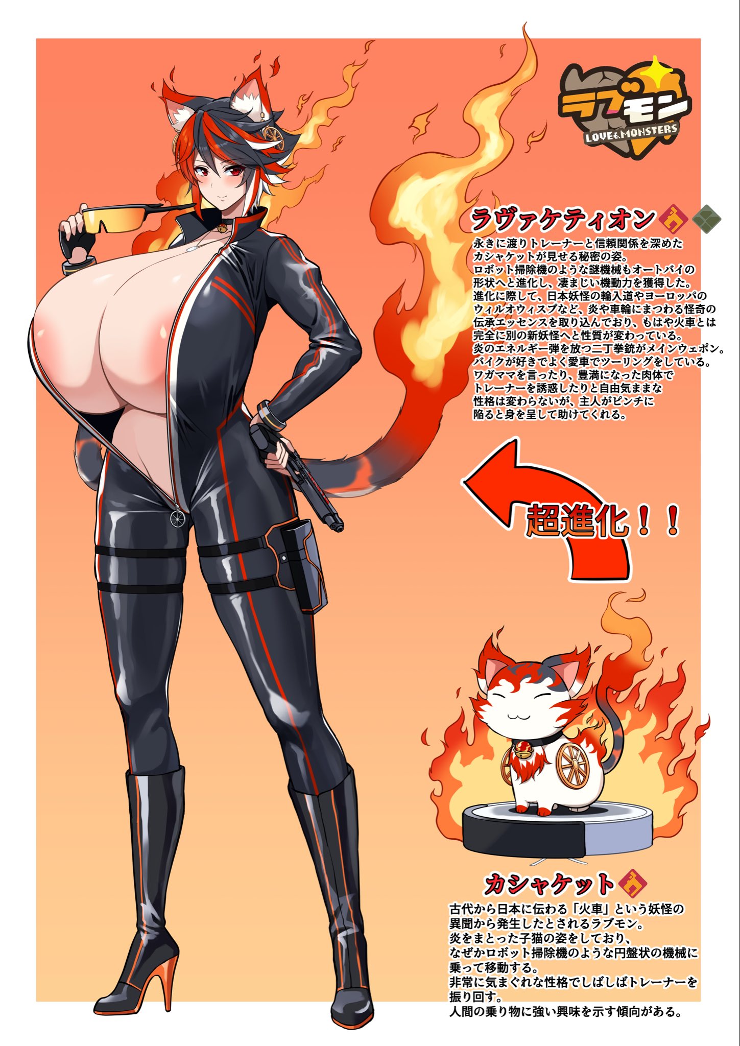 1girls, 2026, 2d, areola slip, areolae slip, black hair, blush, bodysuit, breasts, breasts bigger than head, bursting breasts, cat ears, cat tail, catgirl, choker, cleavage, curvaceous, curvy, curvy body, curvy figure, daien (daien418), female, full body, gigantic breasts, glistening, glistening body, hair ornament, high heels, holding glasses, holding gun, holding object, holding weapon, hourglass figure, japanese text, large areolae, latex, latex bodysuit, latex clothing, light skin, light-skinned female, looking at viewer, lovemon encyclopedia (akan mori), monster girl, multicolored hair, narrow waist, notes translation, original character, red eyes, red hair, short hair, simple background, slim waist, text, translated, translation check, unzipped, unzipped bodysuit, voluptuous, white hair