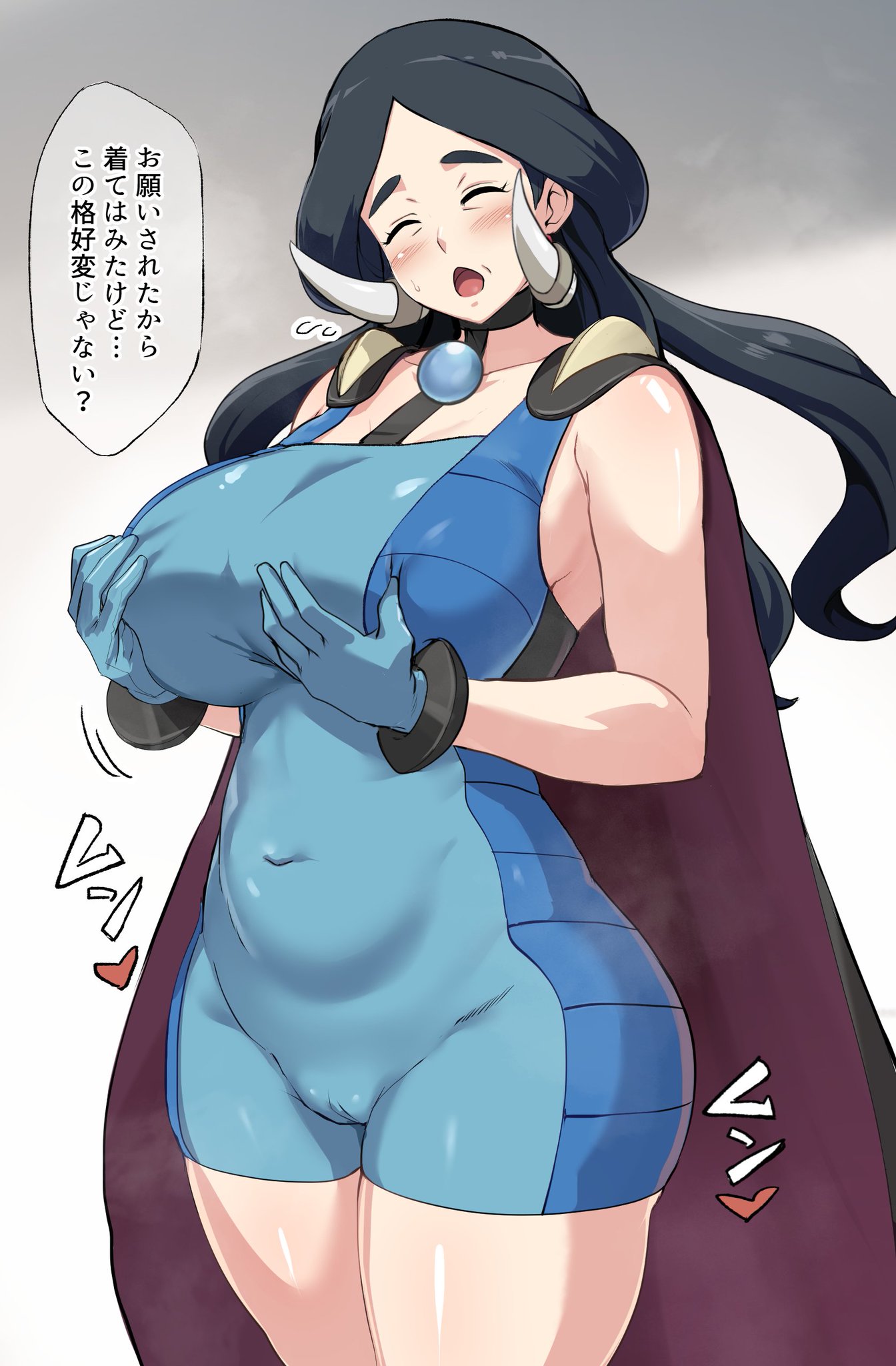 belly button visible through clothing, black hair, blue gloves, blush, bodycon, cameltoe, cape, choker, clair (pokemon) (cosplay), closed eyes, curvy figure, drasna (pokemon), earrings, fang earrings, fully clothed, gilf, gloves, granny, gym leader, gym leader (cosplay), hands on breasts, hands on own breasts, huge breasts, japanese text, long hair, maki ikazuya, mature female, milf, navel visible through clothes, old, old woman, pokemon, sleeveless, sleeveless dress, solo female, thick thighs, thighs, tight clothing, translation request
