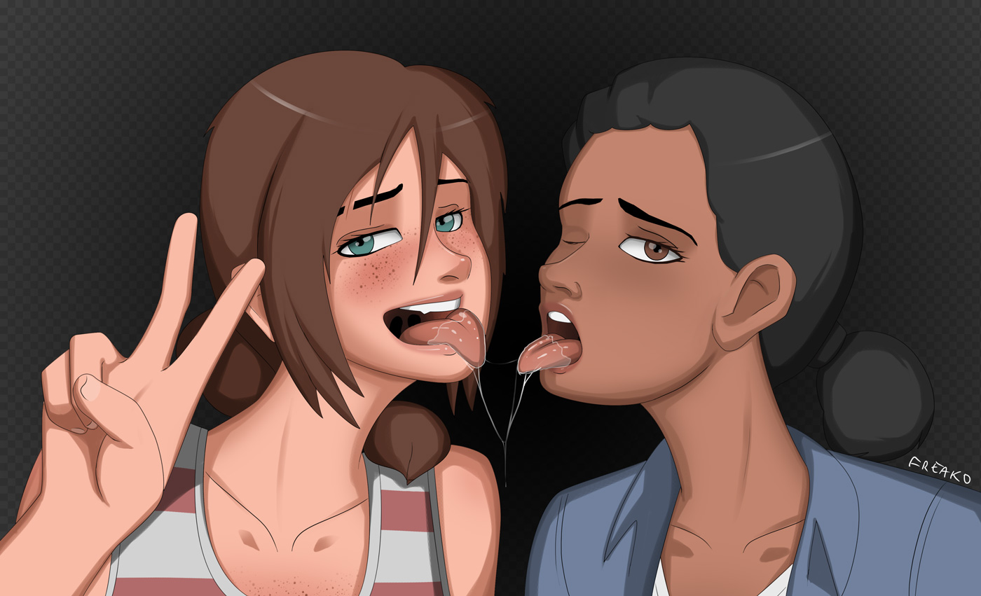 2girls, after kiss, black hair, brown eyes, brown hair, chocolate and vanilla, dark skin, dark-skinned female, ellie (the last of us), ellie williams, female, female only, freako, freckles, gesture, interracial, light skin, light-skinned female, looking at viewer, one eye closed, open mouth, riley abel, saliva, saliva string, saliva trail, scar, teal eyes, the last of us, tongue, tongue out, v, wink, yuri