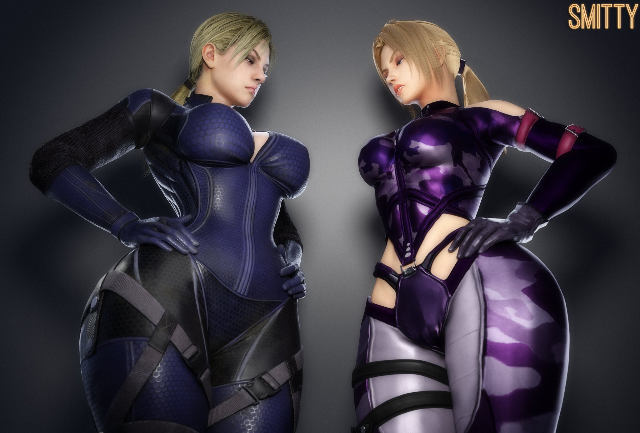 2girls, 3d, big ass, big breasts, big thighs, blue gloves, breasts, capcom, crossover, curvaceous, curvy, curvy figure, female, gloves, hips, hourglass figure, huge ass, huge breasts, jill valentine, jill valentine (blonde), jill valentine bodysuit, large ass, large breasts, leather gloves, light skin, light-skinned female, mature, mature female, namco, nina williams, purple gloves, resident evil, resident evil 5, slim waist, smitty34, tekken, tekken 7, thick, thick hips, thick legs, thick thighs, thighs, voluptuous, waist, wide hips, wide thighs