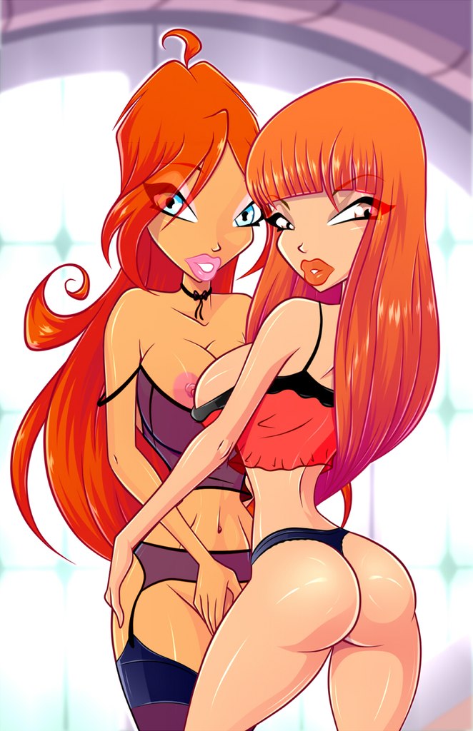 2girls, areola, areolae, ass, big ass, bimbo, bloom (winx club), blue eyes, bra, breast press, breasts, busty, camisole, cleavage, eyeliner, eyeshadow, female, female only, garter belt, garter straps, ginger, hourglass figure, human, kira (winx club), large breasts, lingerie, lipstick, long hair, looking at viewer, makeup, multiple females, multiple girls, nipples, panties, rainbow (animation studio), red hair, see-through, sheer, stockings, strap, suspenders, teenager, thighhighs, thin waist, thong, underwear, voluptuous, winx club, yuri, zfive