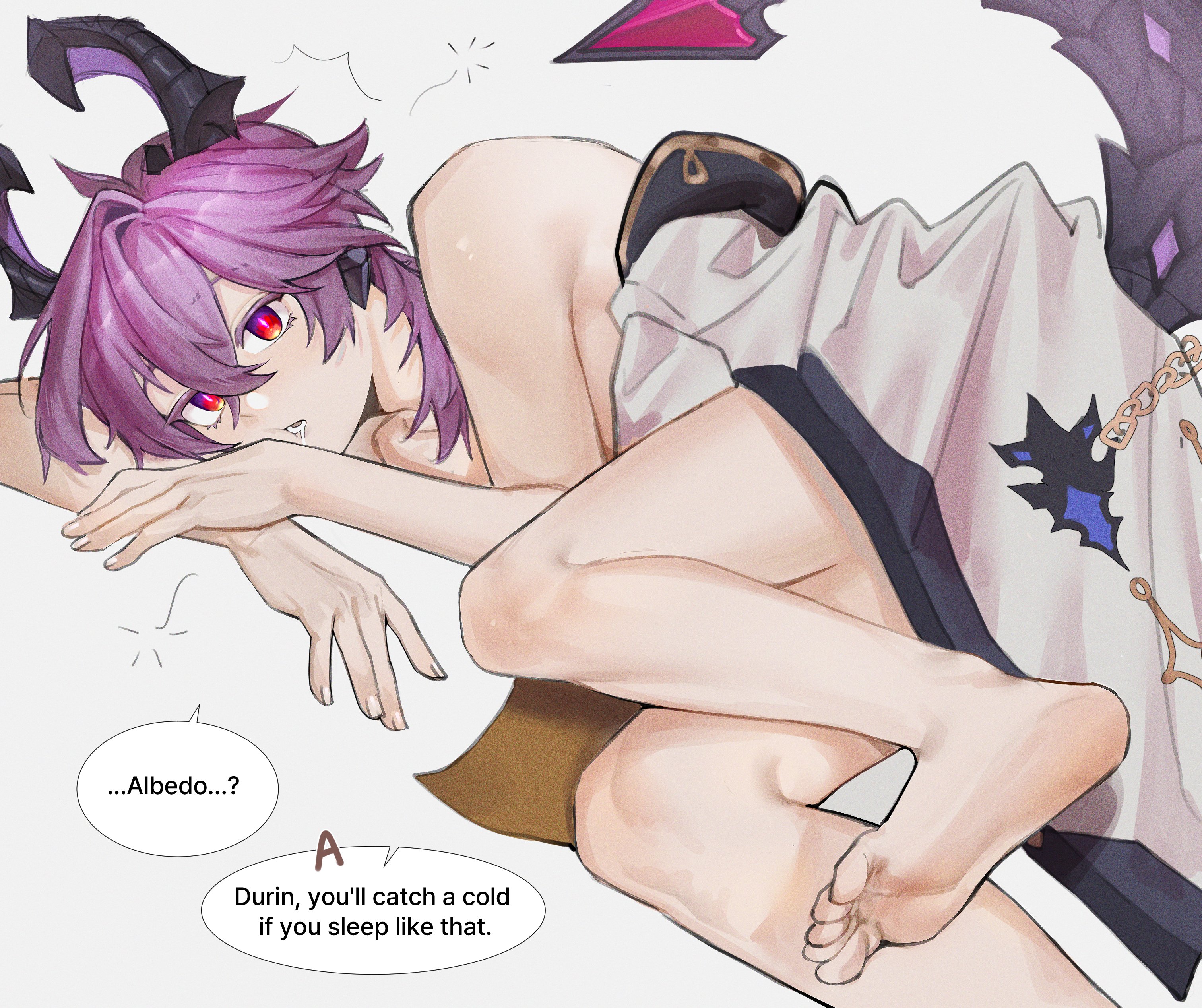 1boy, albedo (genshin impact), almost naked, bana gameg, dragon, durin (genshin impact), english text, genshin impact, horns, hoyoverse, humanoid, laying on side, light skin, light-skinned male, looking at viewer, male, male only, nonsexual, purple hair, tail
