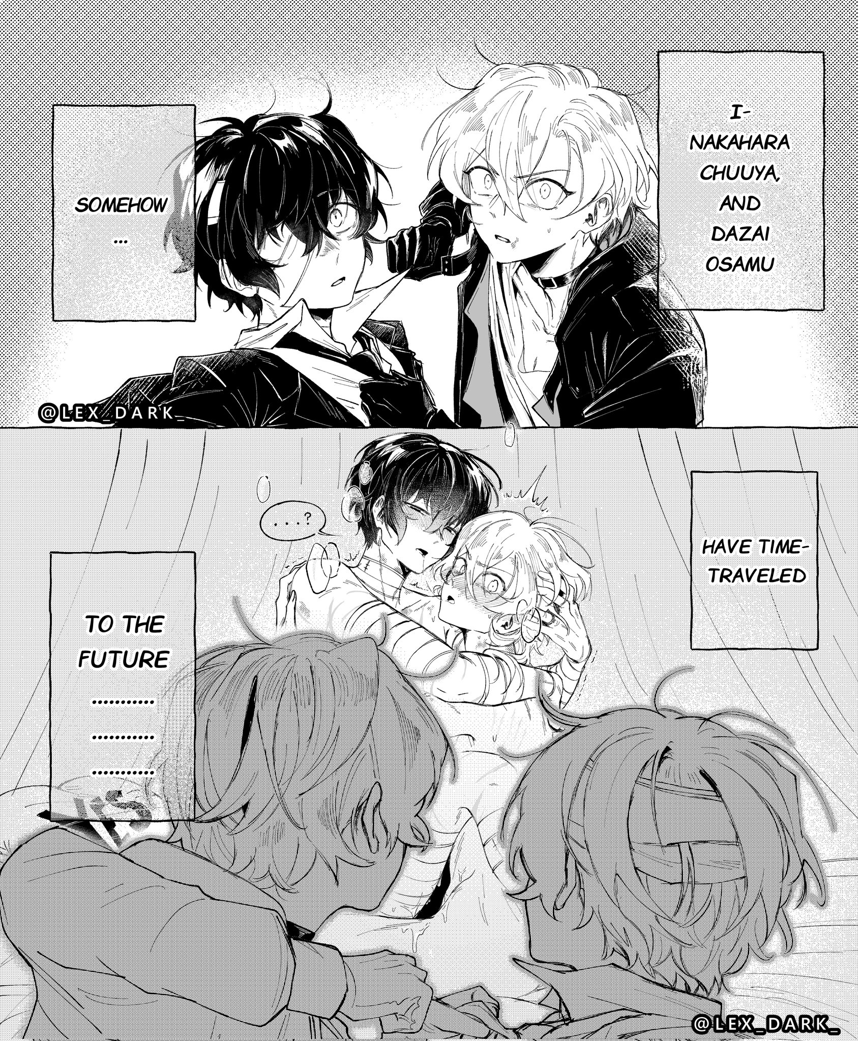 4boys, bungo stray dogs, bungou stray dogs, chuuya nakahara, dazai osamu, lex dark, nakahara chuuya, osamu dazai, somehow has time-traveled (meme), time travel, yaoi