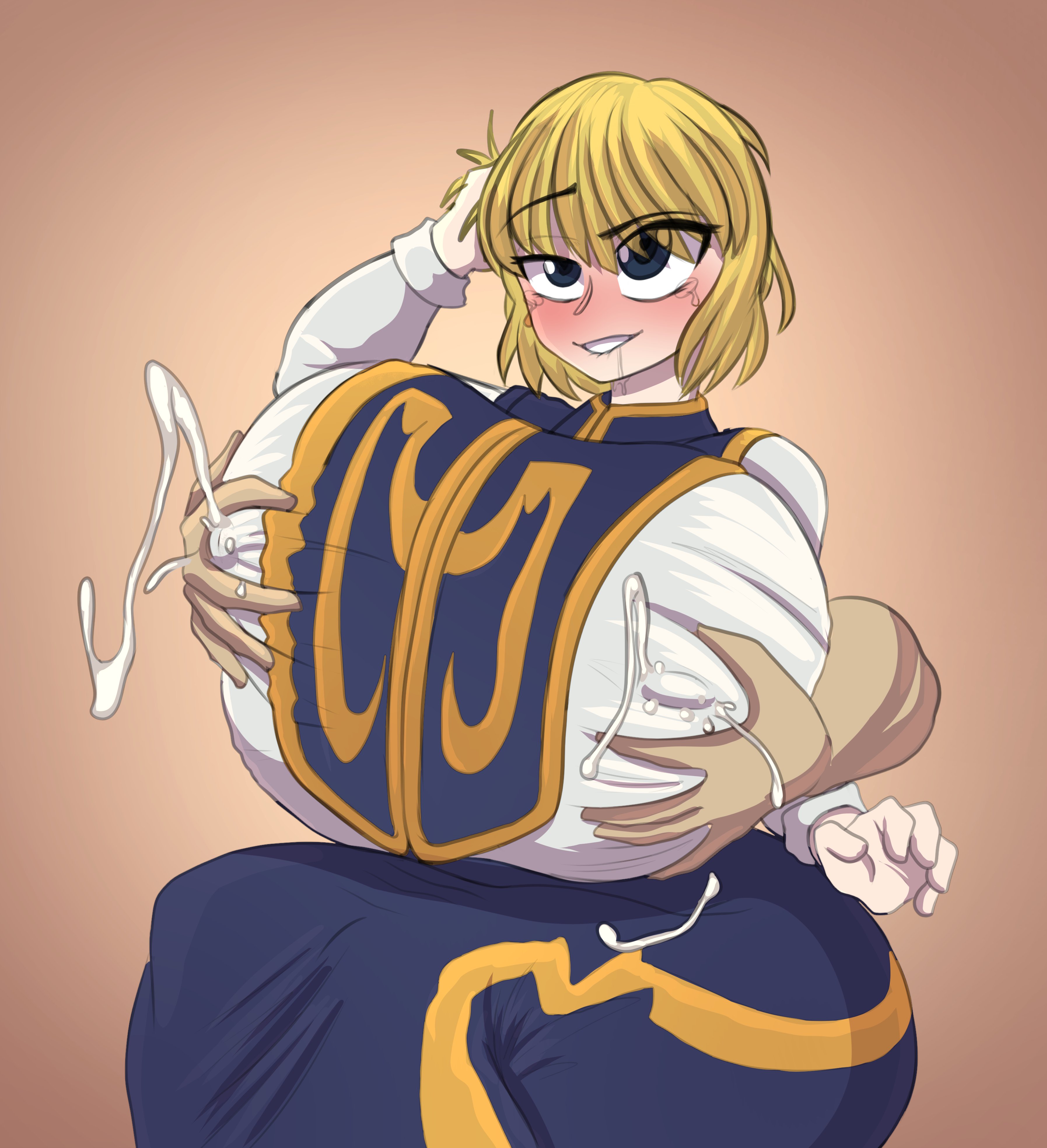 5 fingers, alternate body type, alternate breast size, alternate thigh size, big breasts, big thighs, blonde female, blonde hair, blonde hair female, blonde pubic hair, blonde-haired female, blue eyes, breast grab, breasts, breasts bigger than head, clothed, clothed female, darky, darky03, darkynsfw, duo, duo focus, enormous breasts, eyes rolling back, faceless male, female, female focus, female human, female pubic hair, giant breasts, giant thighs, gigantic breasts, gigantic thighs, grabbing, grabbing breasts, grabbing from behind, hand on breast, hand on head, hands on breasts, happy, happy female, horny, horny female, huge breasts, huge thighs, human, human focus, human only, hunter x hunter, hyper breasts, kurapika, lactating, lactating through clothing, lactation, lactation through clothes, large breasts, large thighs, looking away, looking up, male hand, male hands, massive breasts, milk, milk squirt, milk squirting, milking, milking breasts, red cheeks, rule 63, sex, short hair, sitting, sitting down, smile, smiley face, smiling, smiling female, thighs, unseen male face, white body, white skin, yellow hair