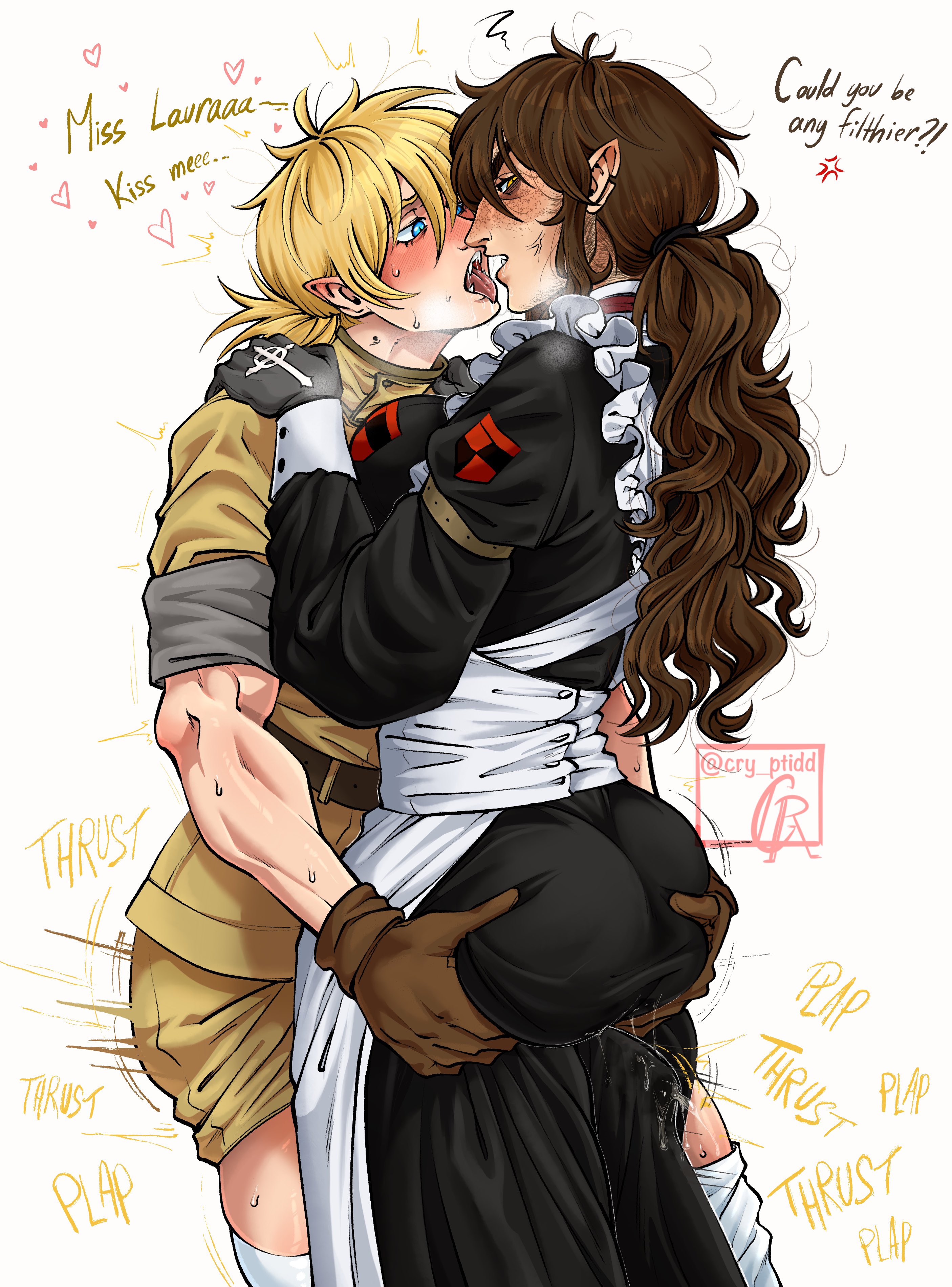 1futa, 1girls, annoyed, ass grab, big ass, big breasts, blonde hair, brown hair, cry ptidd, fan character, fangs, hellsing, horny, humping, kissing, laura chastel (cry ptidd), maid, maid uniform, oc, original character, precum, seras victoria, thigh sex, thighs, vampire, werewolf, yuri