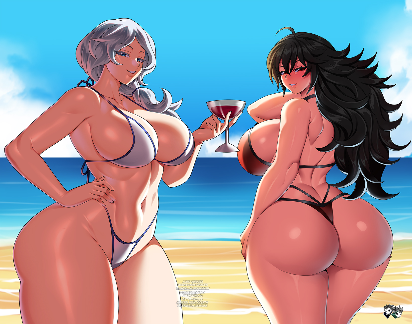 2girls, ass, ass focus, beach, big ass, big breasts, bikini, black hair, blue eyes, breasts, bubble butt, cleavage, duo, female, female only, huge ass, huge breasts, jadenkaiba, light-skinned female, long hair, milf, multiple girls, raven branwen, red eyes, rwby, seaside, voluptuous, white hair, willow schnee