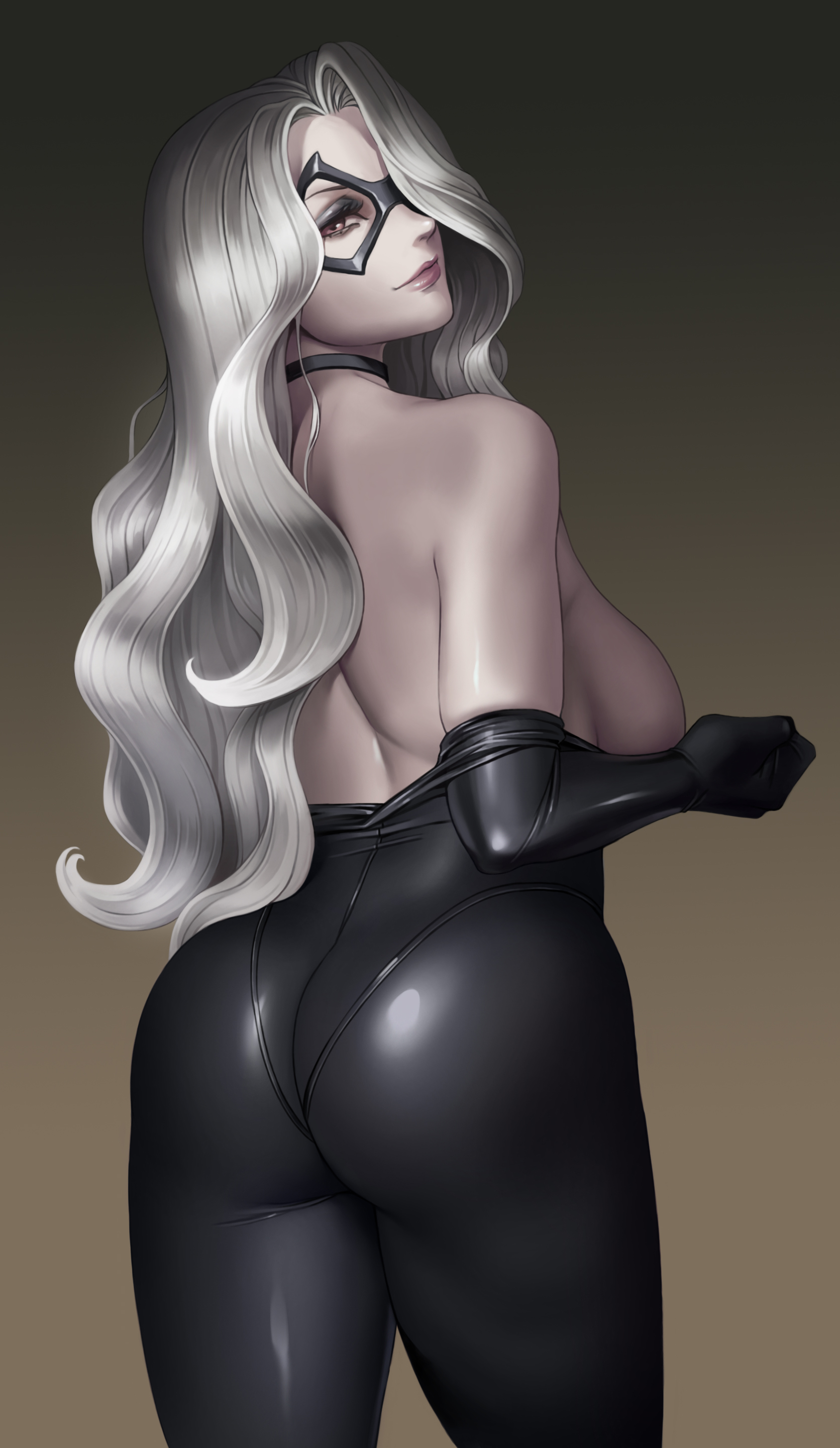 1girls, 2025, ass, back, back view, backboob, big ass, big breasts, black cat (marvel), black eyeshadow, breasts, brown eyes, dantewontdie, domino mask, eyeshadow, eyewear, felicia hardy, female, female only, hair, latex, latex bodysuit, latex clothing, latex suit, lips, long hair, looking back, marvel, marvel comics, pantylines, solo, solo female, spider-man (series), thighs, undressing, white hair