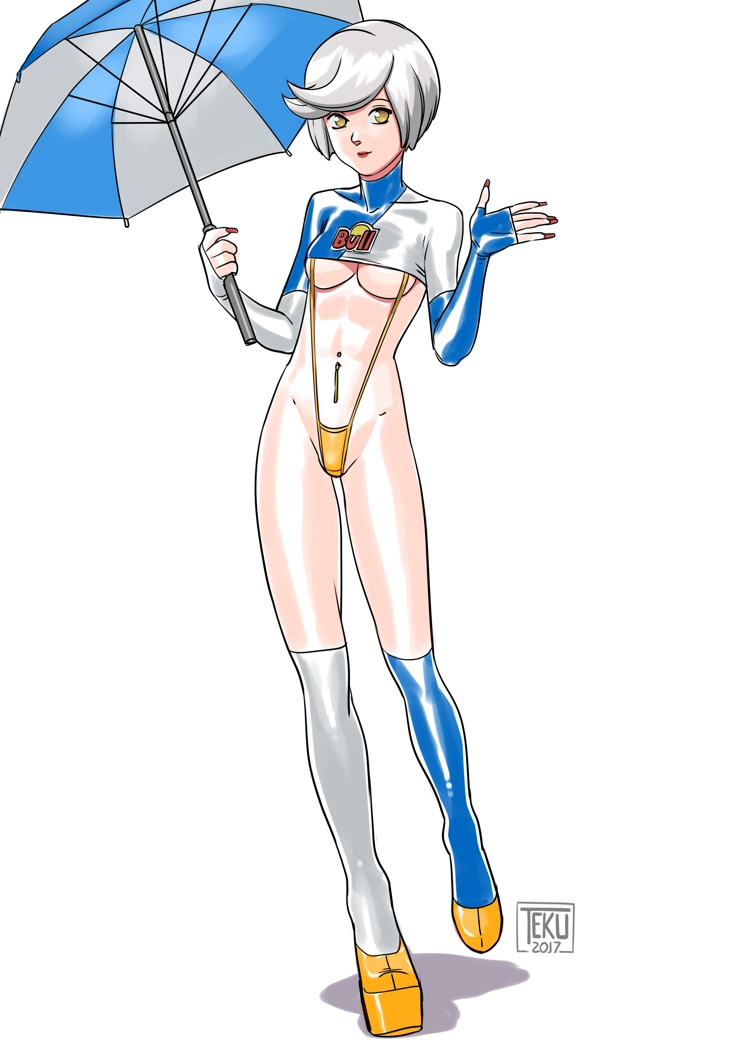 1girls, absurdres, bikini, body piercing, breasts, crop top, female, female only, fingerless gloves, full body, gesture, high heels, highres, human, large breasts, latex, long fingernails, navel piercing, piercing, platform heels, race queen, red bull, red nails, revealing clothes, short hair, signature, silver hair, skimpy, sling bikini, solo, standing, tekuho, thighhighs, umbrella, underboob, waving, white background, yellow bikini, yellow eyes