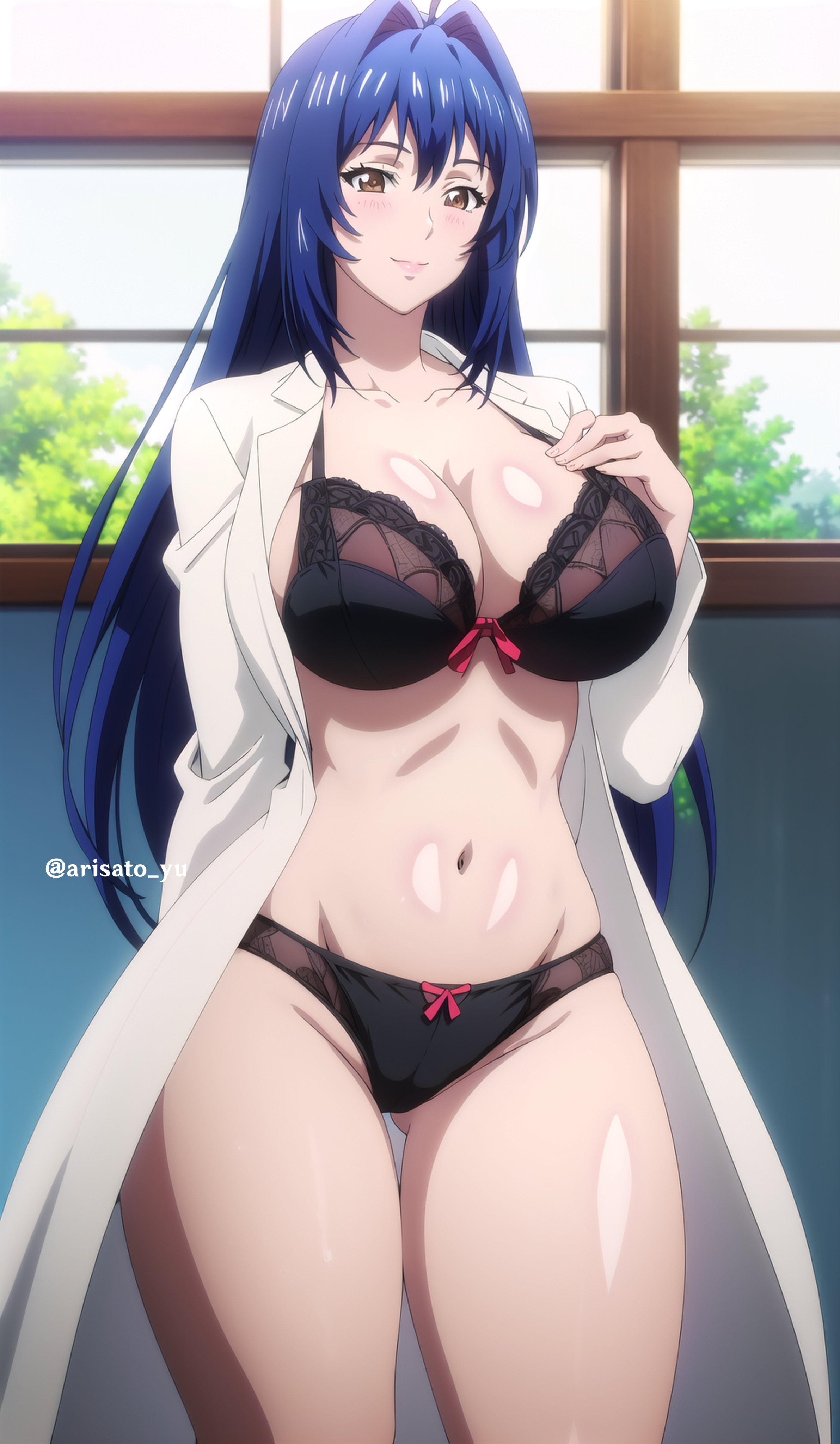 ai generated, arisato yu, big breasts, black lingerie, blue hair, blush, breasts, female, labcoat, lingerie, maken-ki!, nijou aki, panties, thick thighs