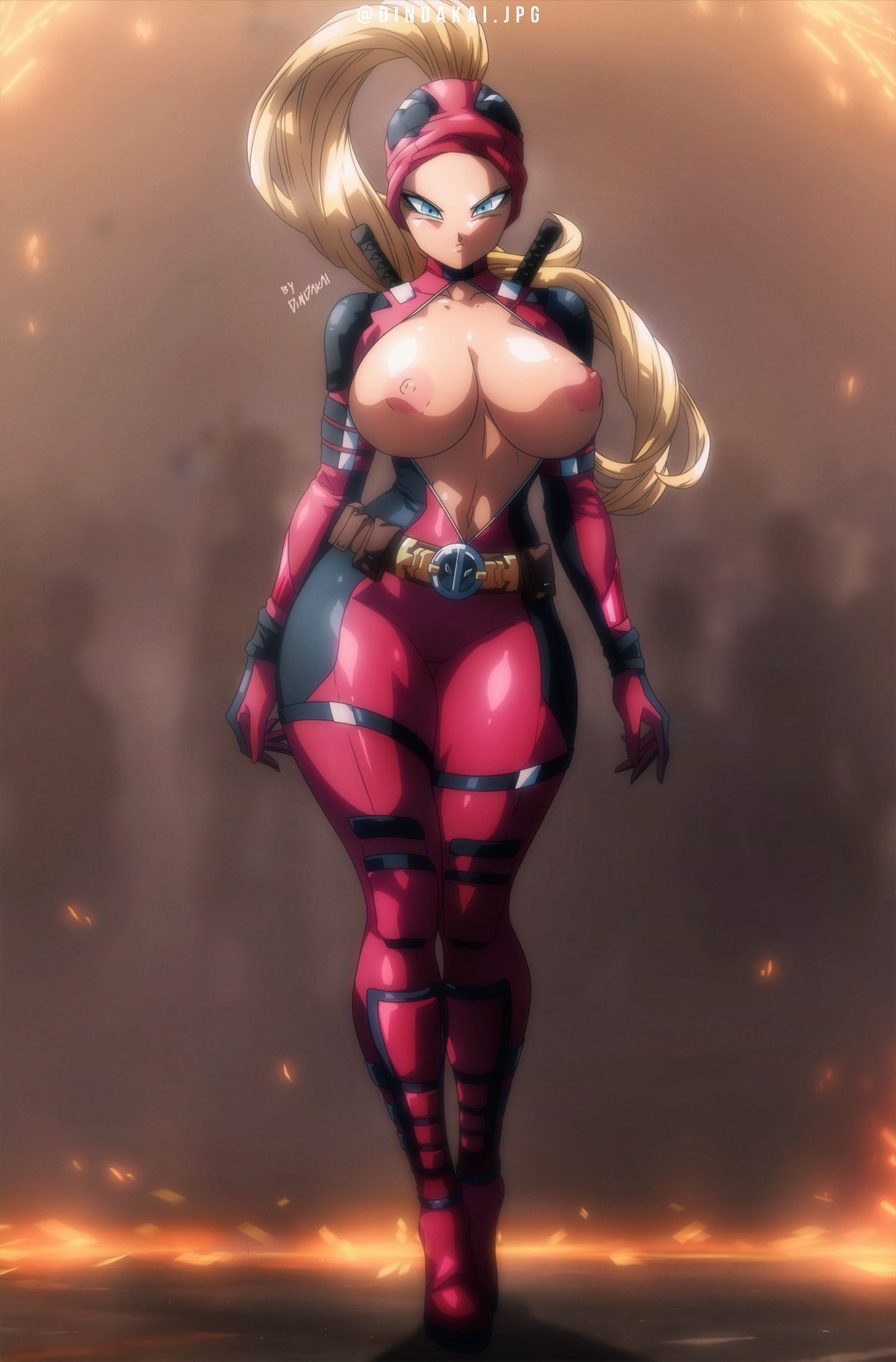 1girls akira_toriyama_(style) alternate_version_available areolae artist_name belt big_breasts blonde_hair blue_eyes bodysuit boots breasts breasts_out clothing collarbone curvy deadpool_&_wolverine_(2024) dindakai eyelashes female female_focus female_only fire forehead frown full_body gloves high_heel_boots high_heels highres hips holstered_weapon huge_breasts human lady_deadpool large_breasts looking_at_viewer marvel marvel_comics mask mask_lift mask_on_head navel nipples no_bra pinup ponytail shiny_skin signature solo solo_female sword thick_thighs thigh_strap thighs tied_hair unzipped unzipped_bodysuit very_long_hair voluptuous wanda_wilson weapon wide_hips