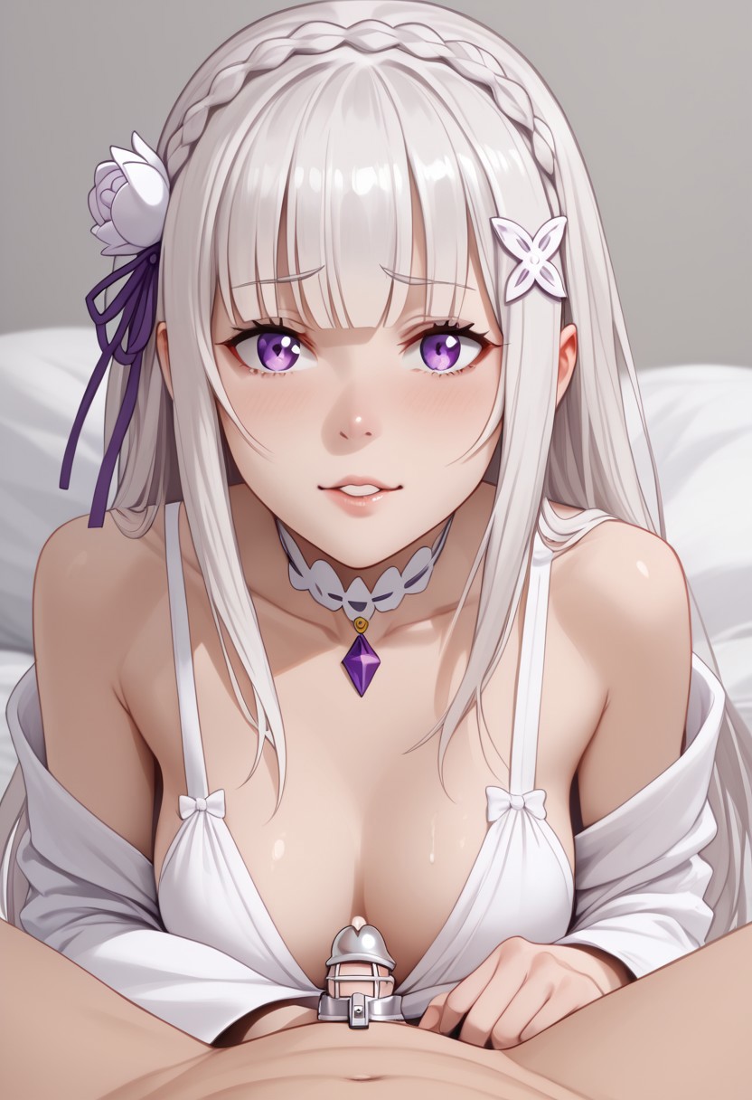 1boy 1girls ai_generated big_breasts chastity chastity_cage chastity_device dominant_female emilia_(re:zero) female female_domination femdom male malesub obedience obedient_sub small_penis