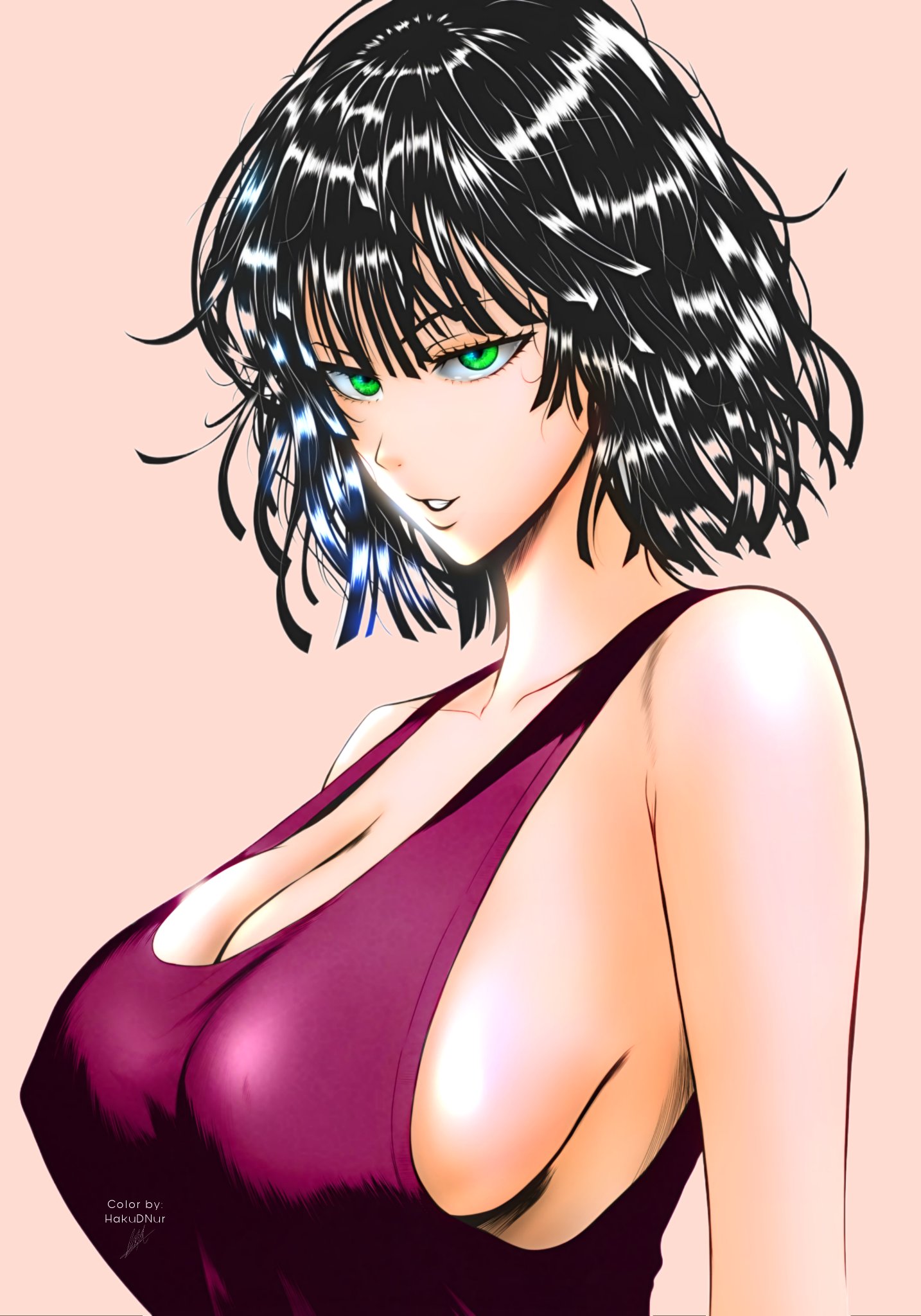 1girls, big breasts, black hair, breasts, busty, cleavage, female, female only, fubuki (one-punch man), green eyes, highres, large breasts, looking at viewer, mostlybluewyatt, no bra, one-punch man, parted lips, seductive gaze, seductive smile, sensual, short hair, sideboob, smile, solo, tank top