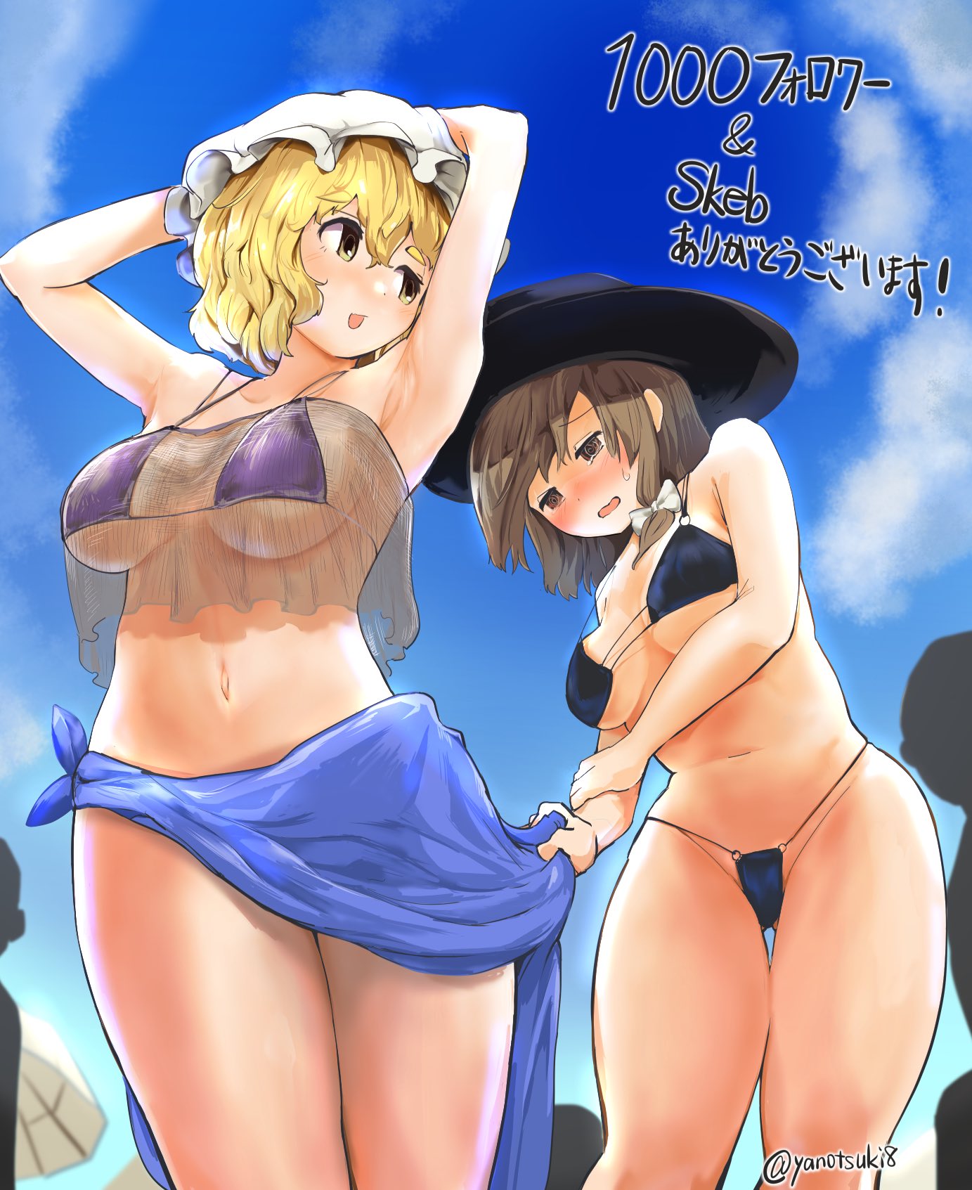 2girls armpits bikini black_bikini black_headwear blonde_hair blue_sarong blue_sky bow bra breasts brown_eyes brown_hair crop_top fedora hairbow hat highres maribel_hearn medium_breasts mob_cap multiple_girls navel purple_bra renko_usami sarong see-through see-through_sleeves short_hair sky swimsuit thighs touhou umbrella underwear usami_renko white_bow white_headwear yanotsuki18 yellow_eyes